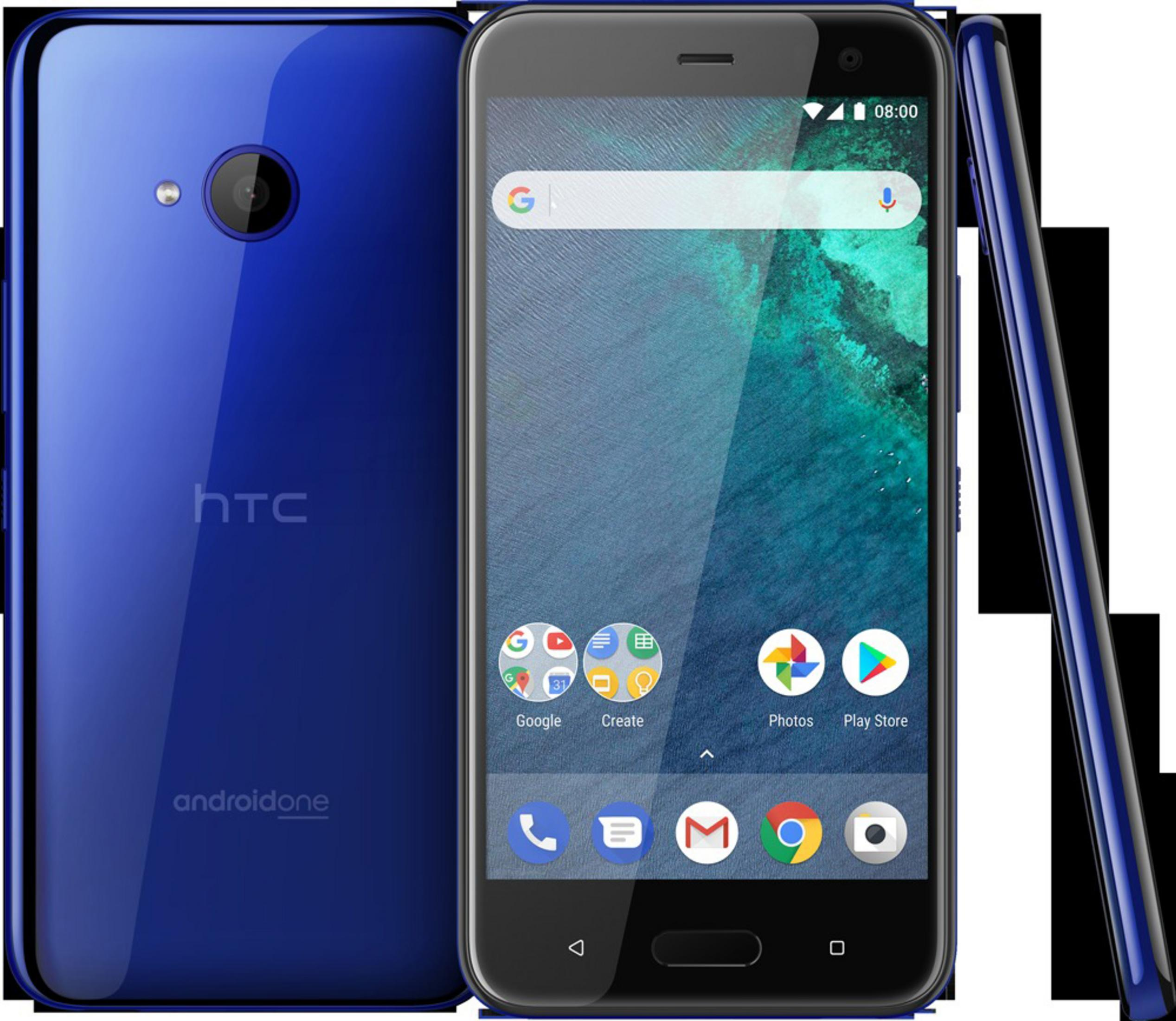 Blaues Smartphone, Vorder- und Rückansicht. Das Telefon hat einen Bildschirm und eine Kamera.