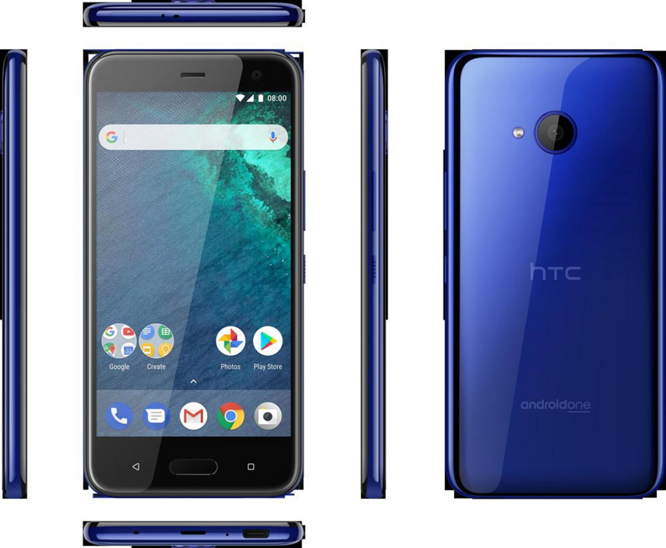 Blaues HTC Android-Telefon. Vorder-, Rück- und Seitenansichten. Der Bildschirm zeigt Apps.