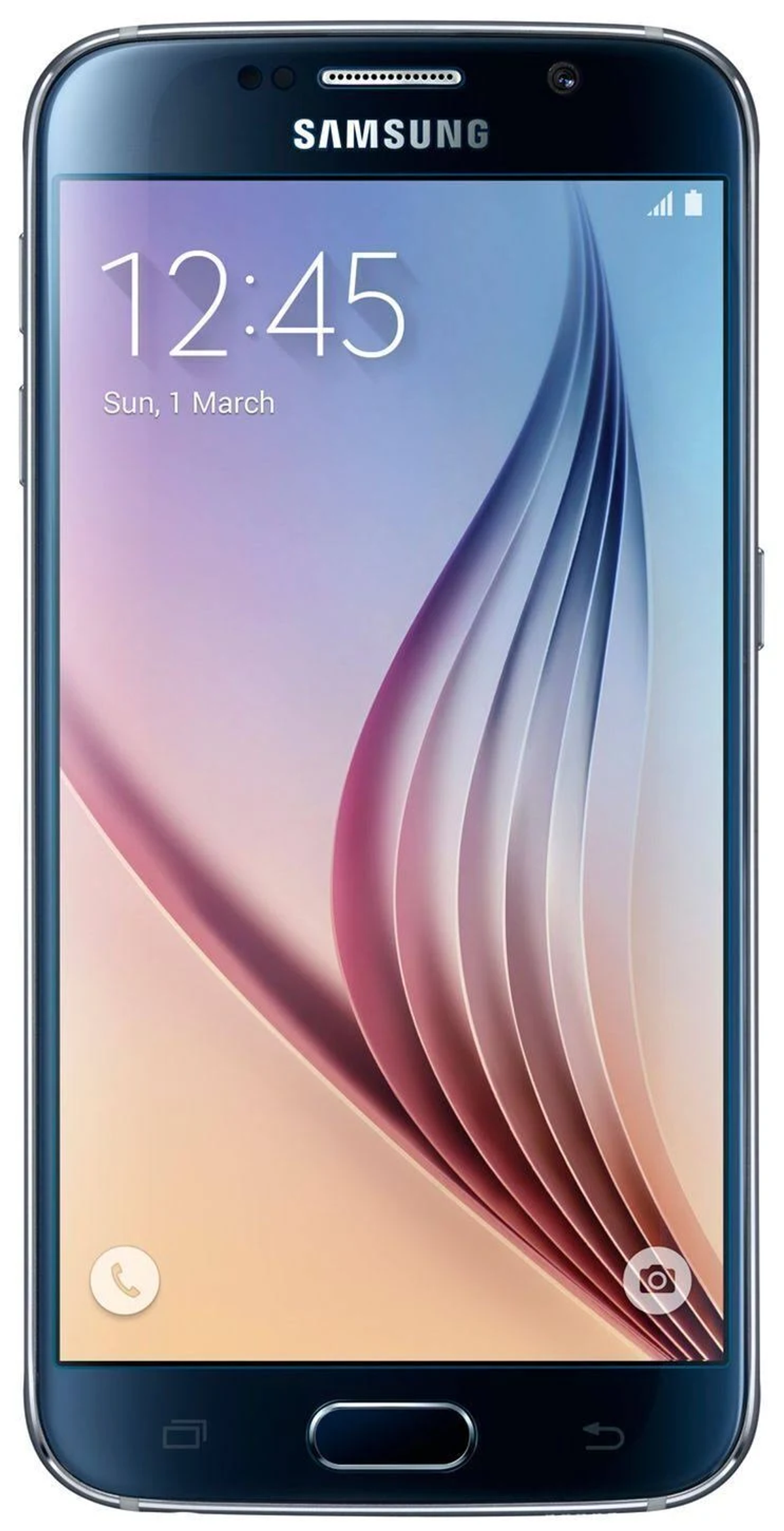 Ein schwarzes Samsung-Telefon zeigt die Uhrzeit und Symbole an. Das Telefon hat einen gebogenen Bildschirm und eine Home-Taste.
