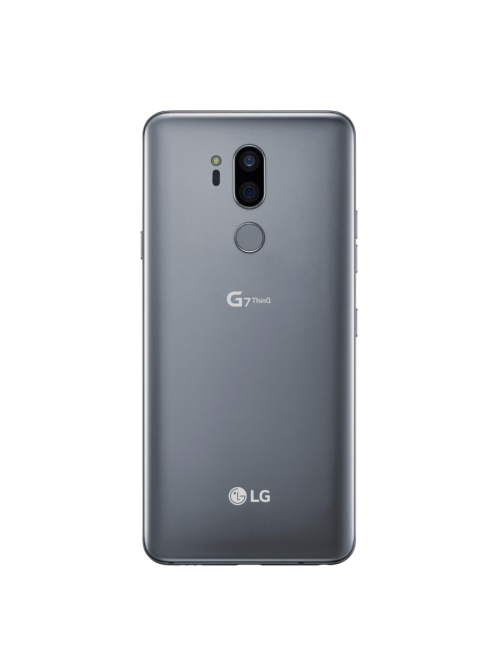 Die Rückseite eines grauen LG G7 ThinQ Telefons mit Dual-Kameras, Fingerabdrucksensor und LG-Logo.