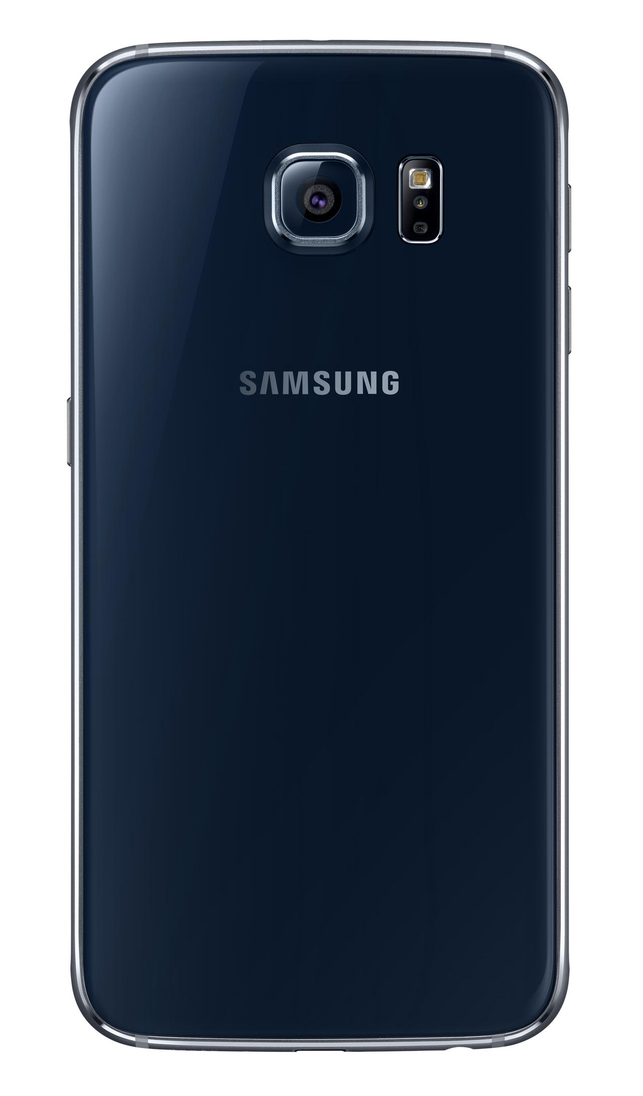 Rückseite eines blauen Samsung-Telefons mit Kamera und Logo. Weißer Hintergrund.