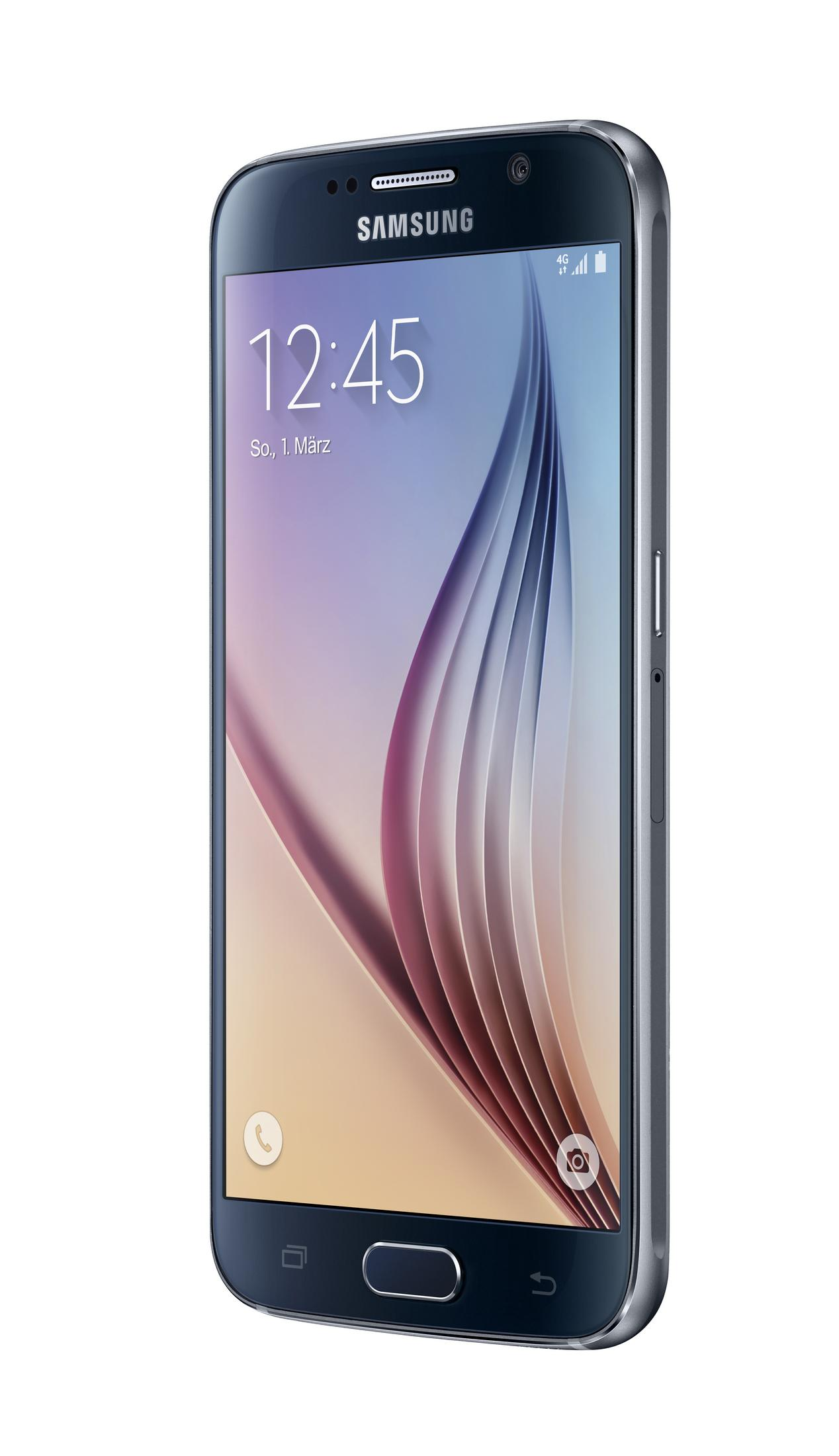 Samsung-Smartphone mit gebogenem Bildschirm. Das Display zeigt 12:45 an. Das Telefon ist dunkelblau.