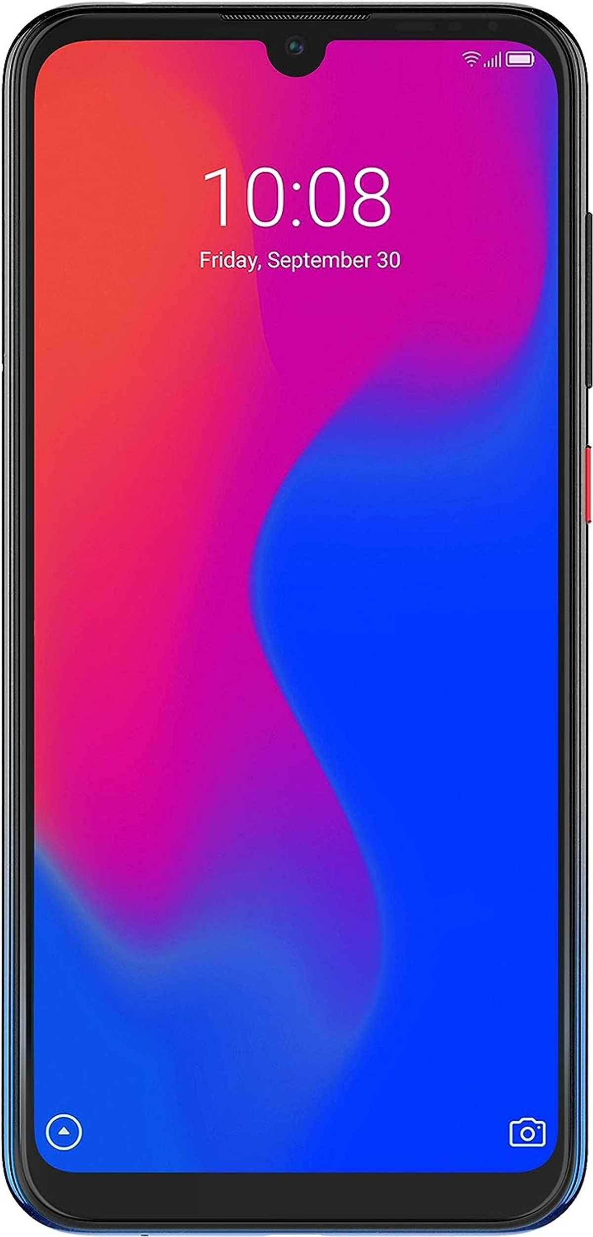 Smartphone mit blau-rotem Farbverlauf-Bildschirm, der Uhrzeit und Datum anzeigt.