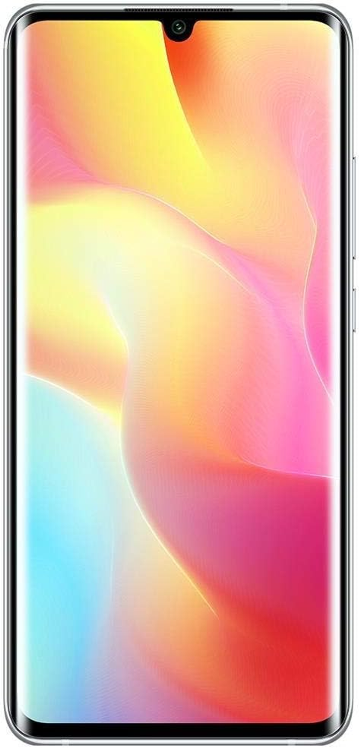 Ein Smartphone zeigt ein farbenfrohes abstraktes Design an. Das Telefon hat einen gebogenen Bildschirm.