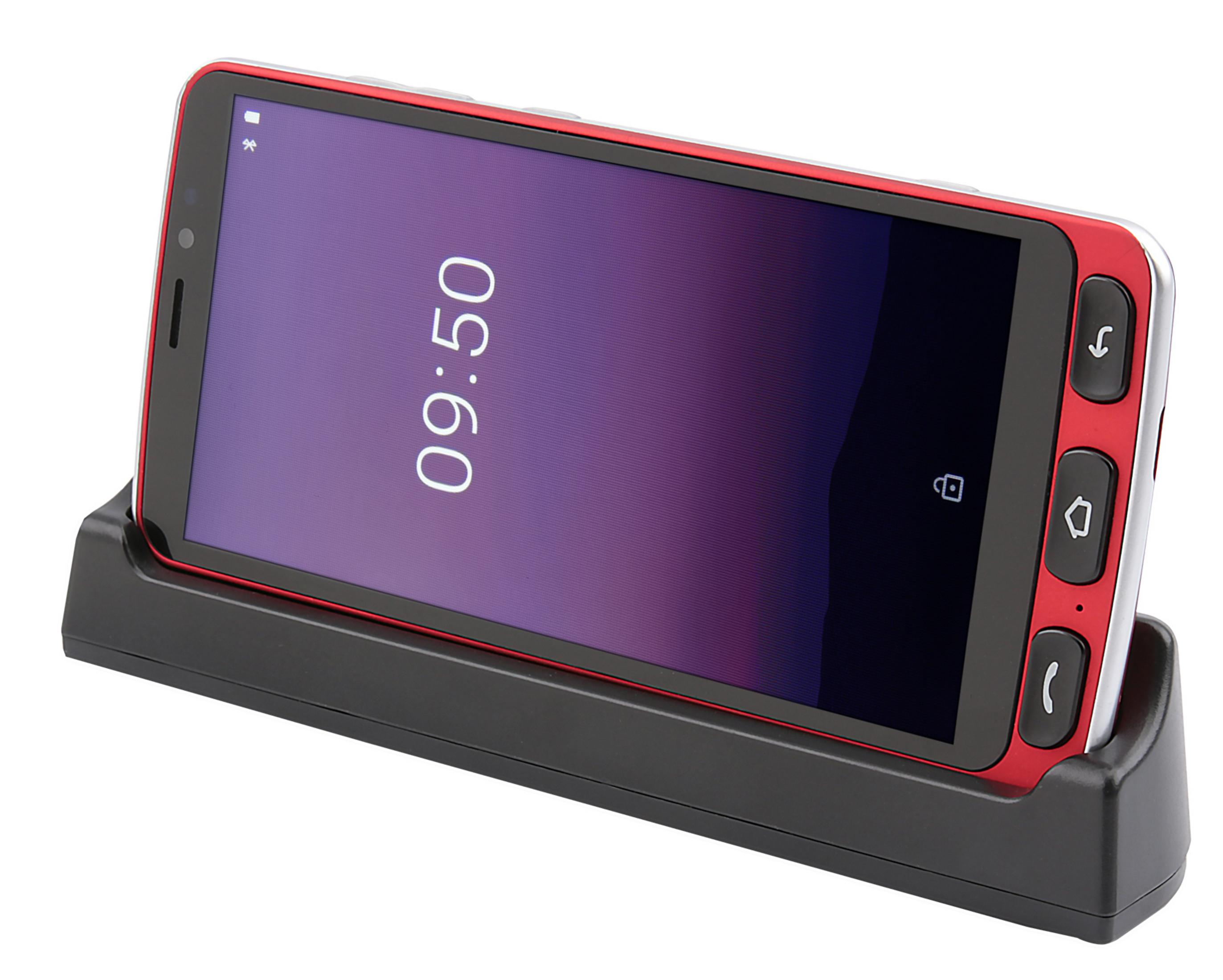 Smartphone rosso e nero in una base nera. Lo schermo mostra le 09:50. Il telefono ha tre pulsanti.