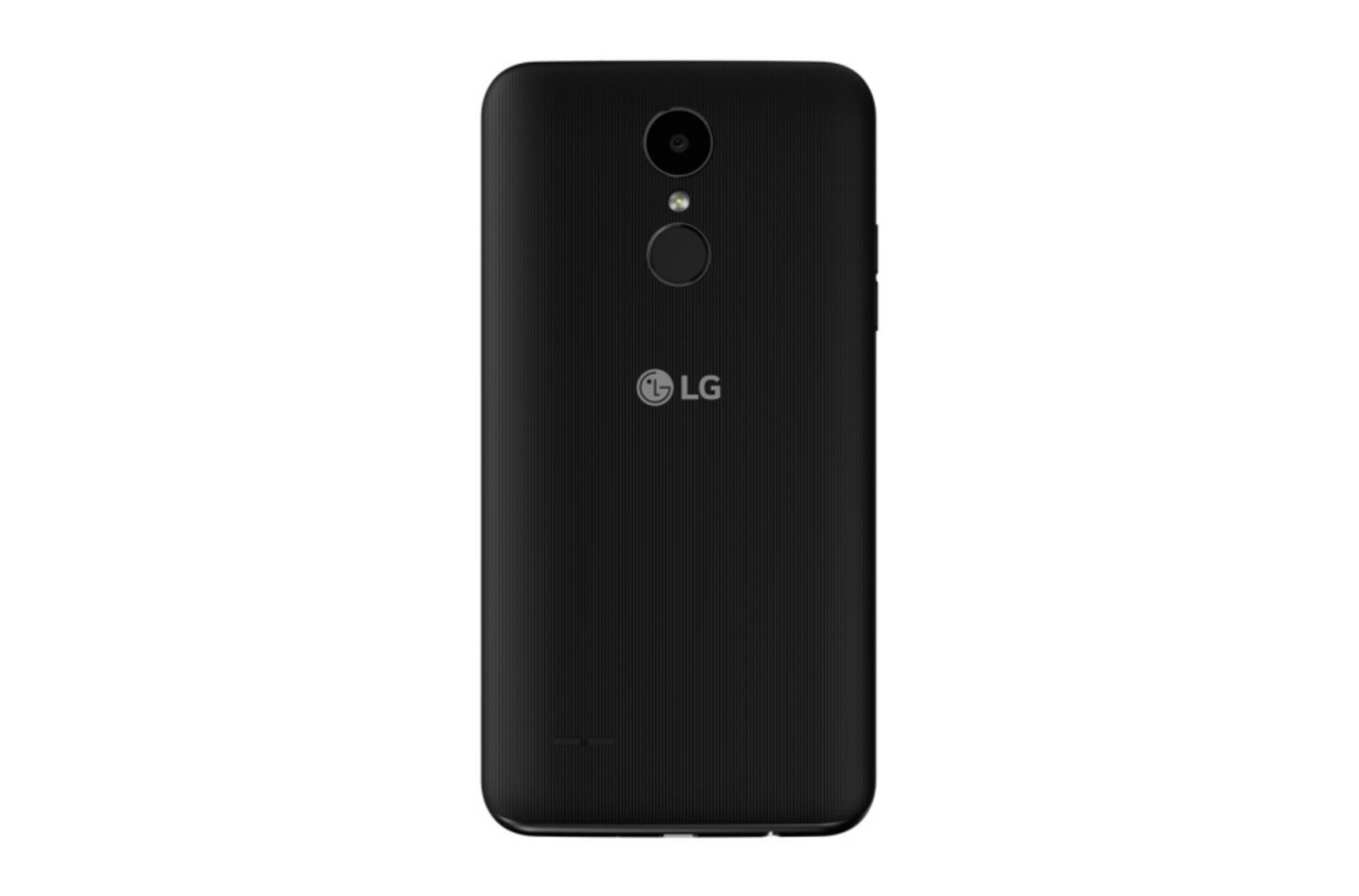 Schwarzes LG-Telefon, Rückansicht, mit Kamera und kreisförmigem Fingerabdrucksensor. Schlichtes schwarzes Design.