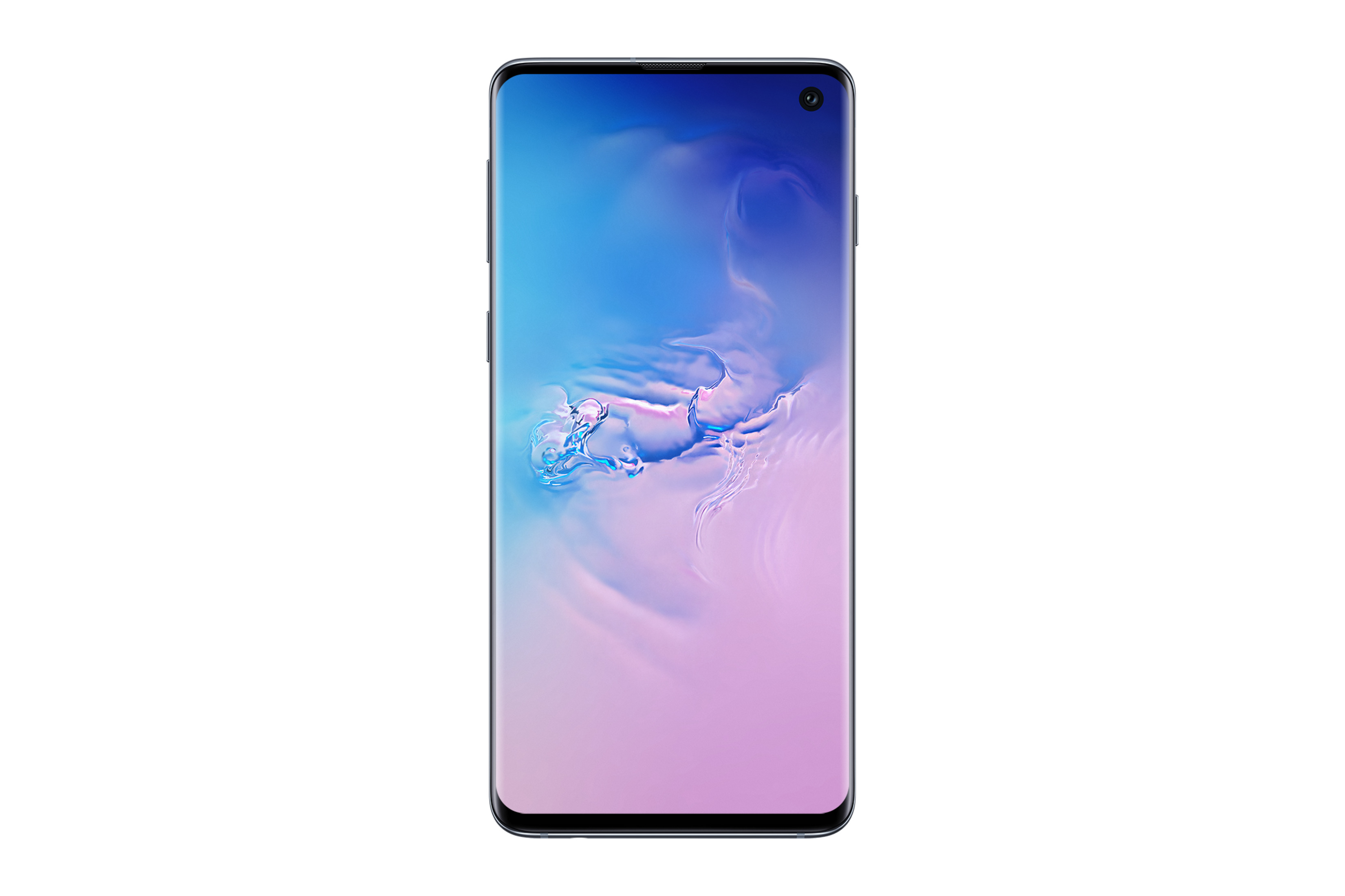 Schwarzes Smartphone mit hellem, farbenfrohem Bildschirm, vor weißem Hintergrund.