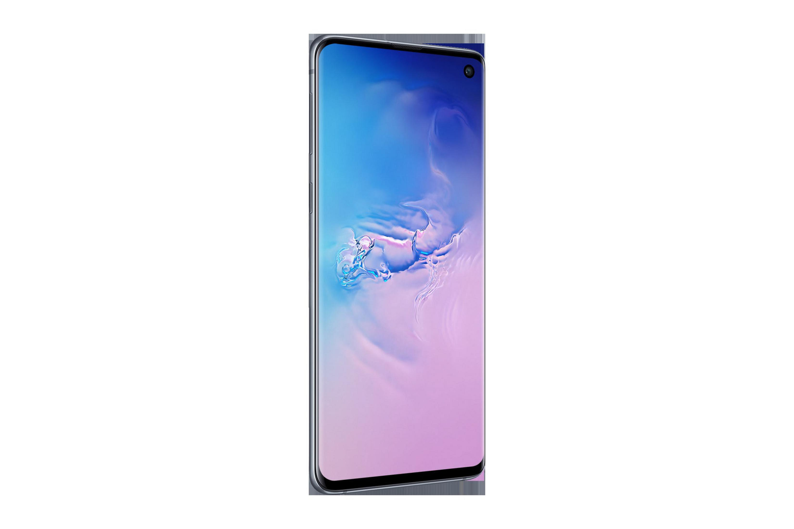 Ein Telefon mit einem blau-rosa Farbverlauf-Bildschirm, der auf weißem Hintergrund aufrecht steht.