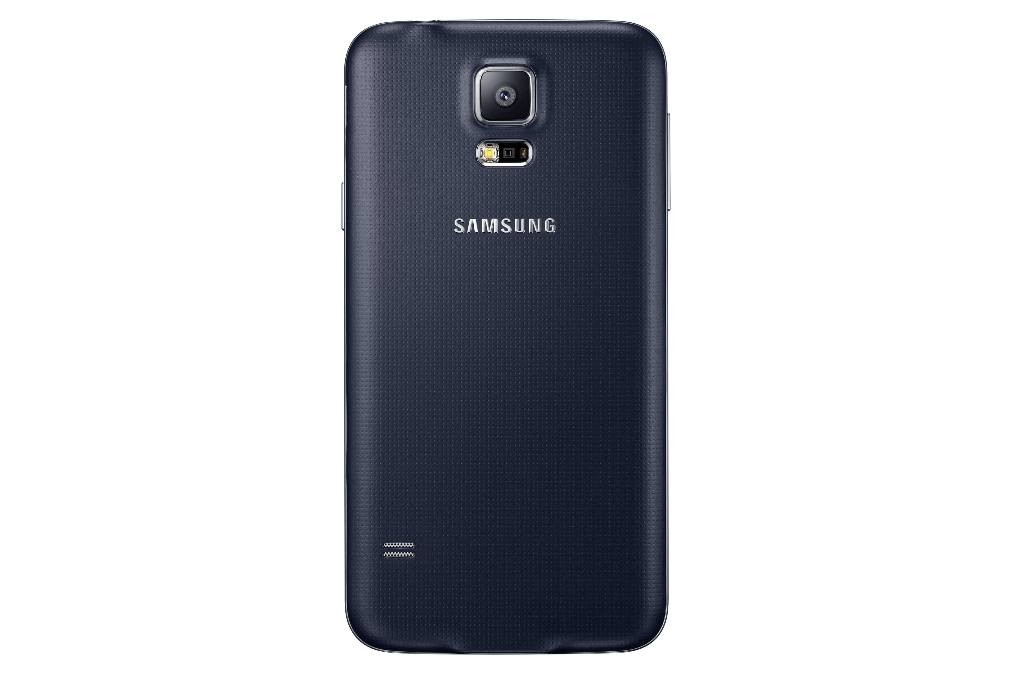 Die Rückseite eines dunkelblauen Samsung Galaxy S5-Telefons mit Kamera und Blitz.