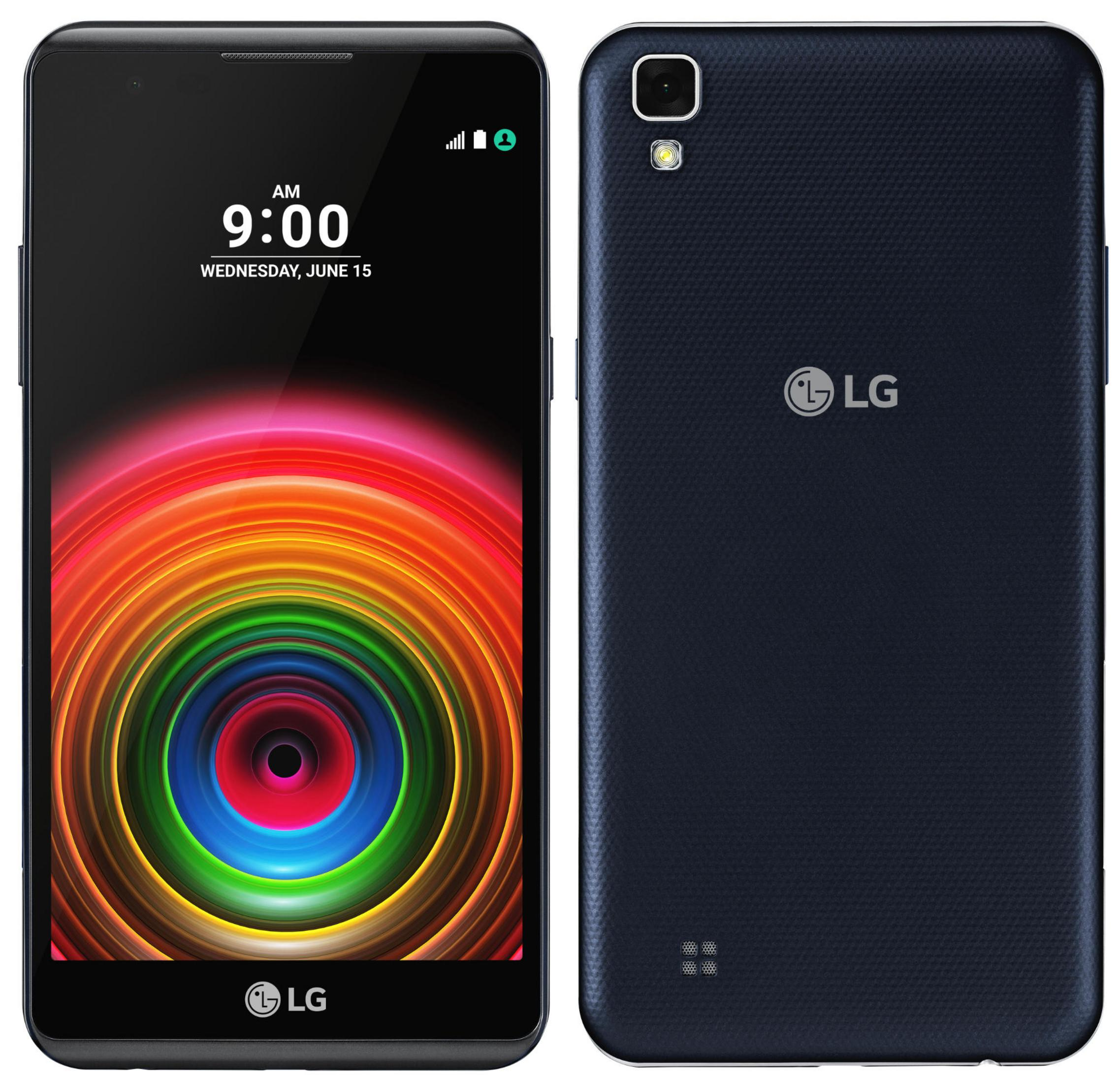 Un telefono LG nero con due viste: frontale che mostra uno schermo colorato, retro con fotocamera e logo.