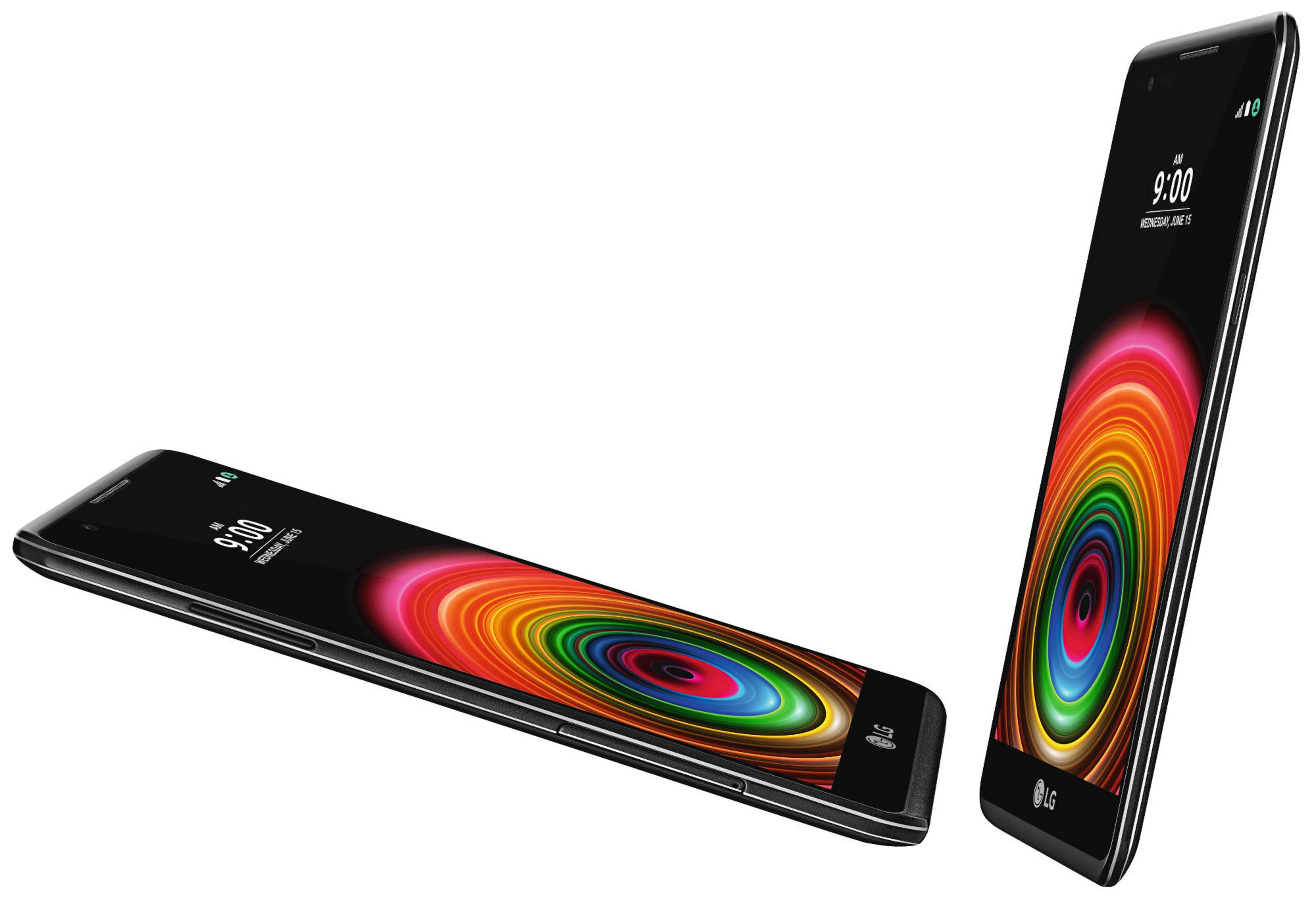 Due smartphone neri con display colorati. Uno è piatto, l'altro è in piedi.