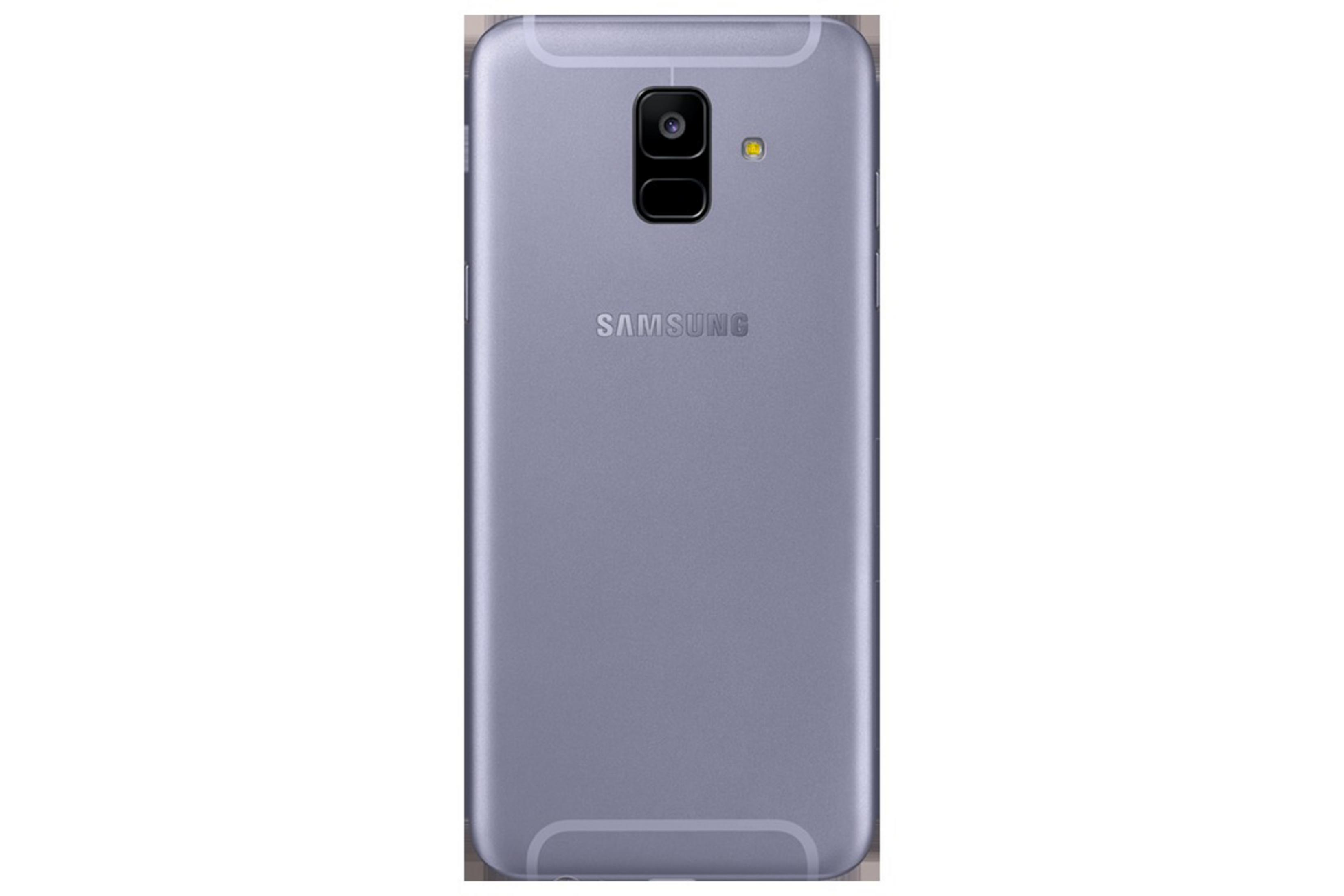 Rückansicht eines lila Samsung-Telefons. Es hat eine Kamera und das Samsung-Logo.