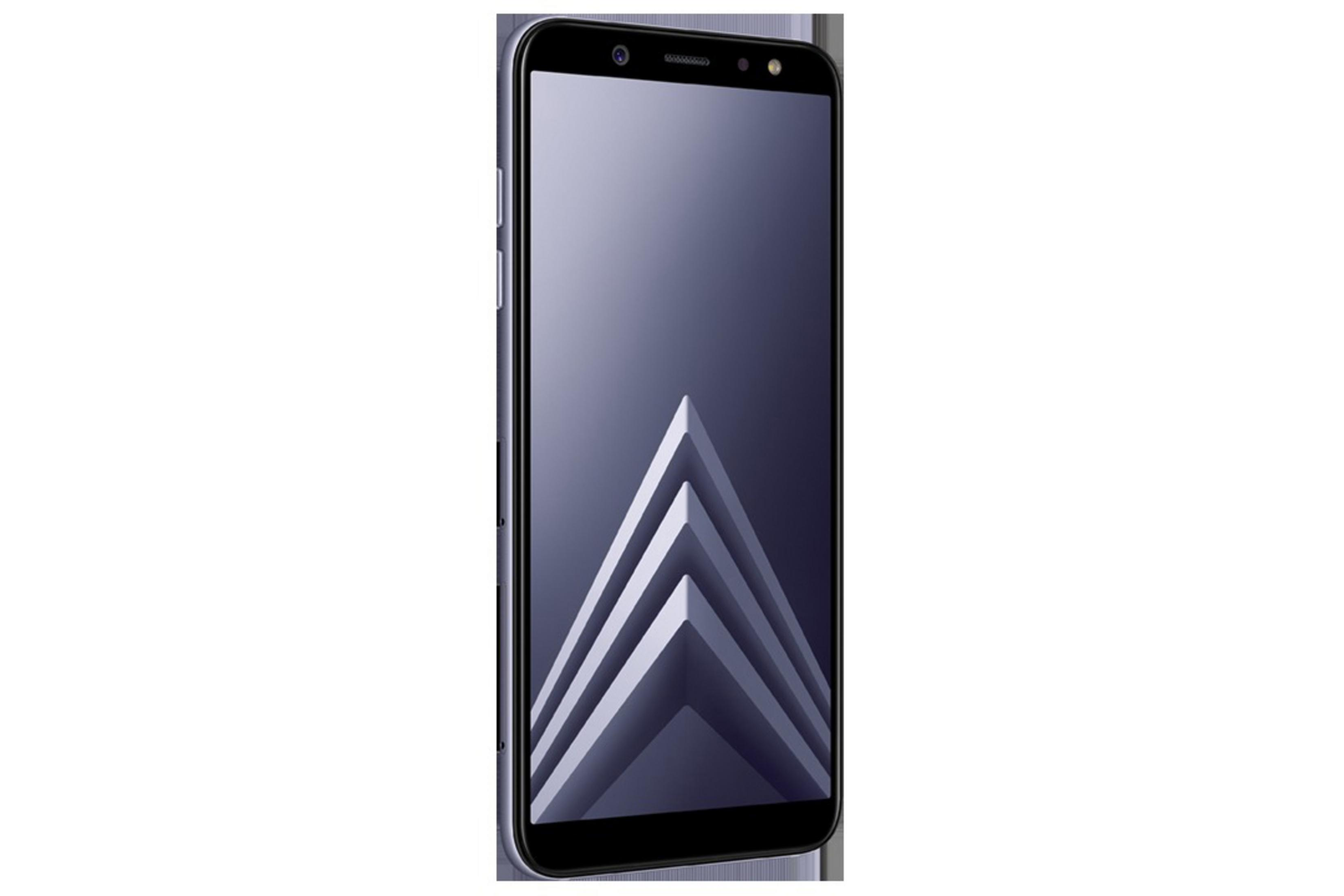 Ein schwarzes Smartphone mit großem Bildschirm, der ein geometrisches Muster anzeigt. Das Telefon ist abgewinkelt.