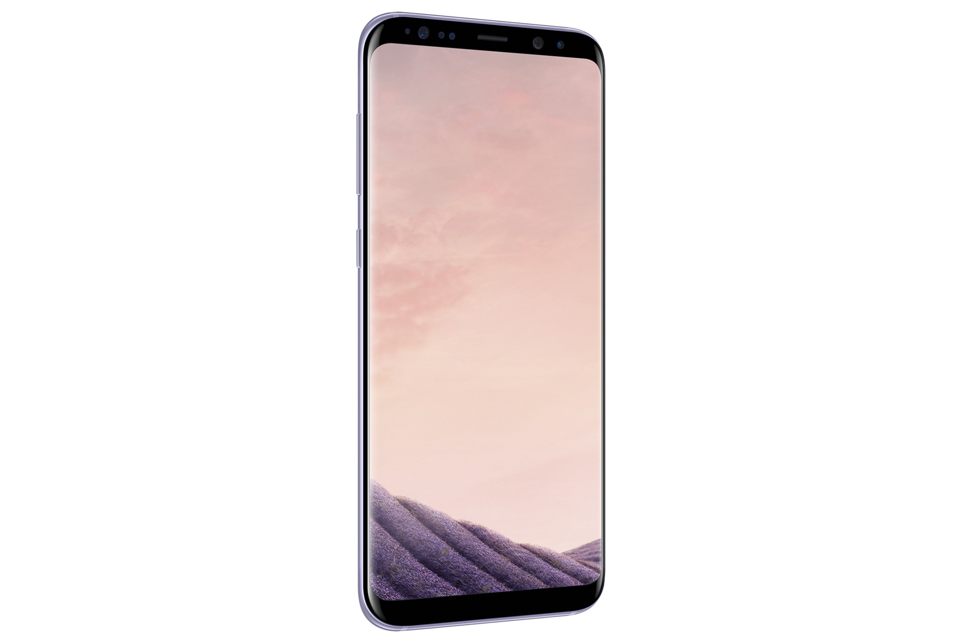 Ein violettes Samsung-Smartphone mit gebogenem Bildschirm. Der Hintergrund ist ein hellvioletter Himmel.