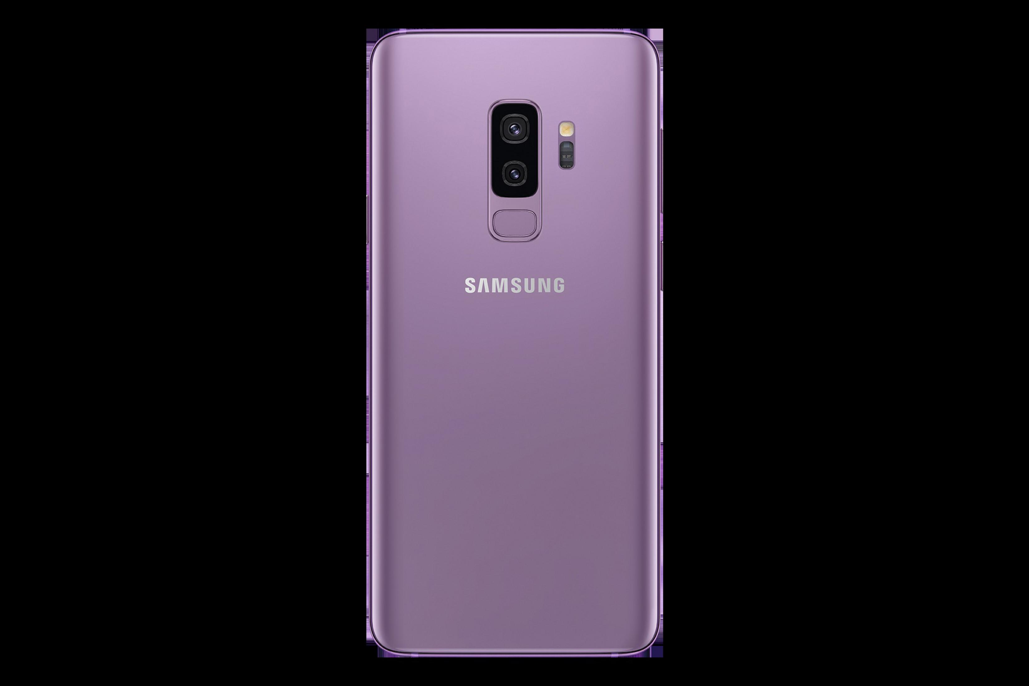 Rückansicht eines lila Samsung Galaxy S9+ Telefons mit Dual-Kamera.