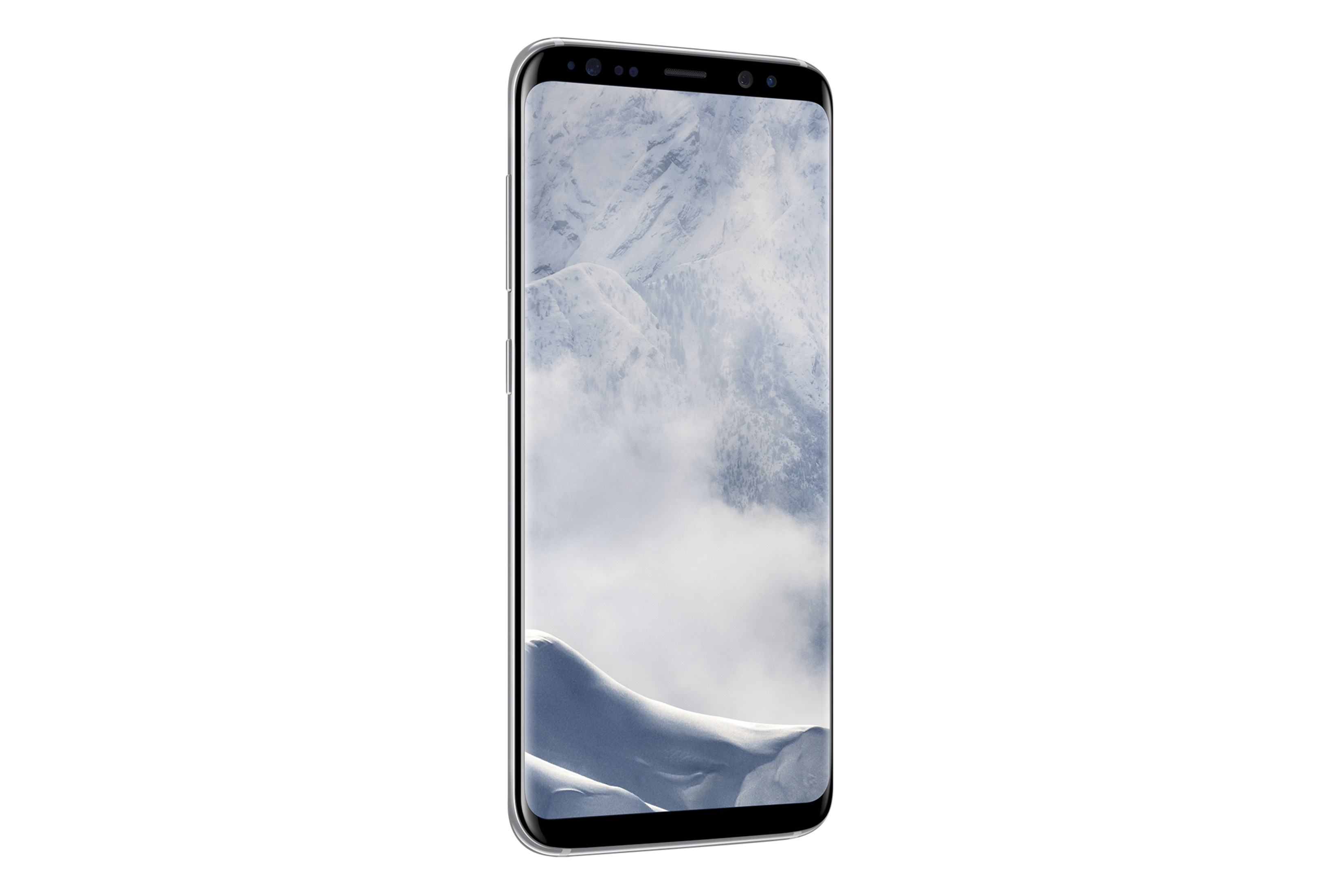 Ein Smartphone mit einem schneebedeckten Berg im Hintergrund. Weißer Hintergrund.