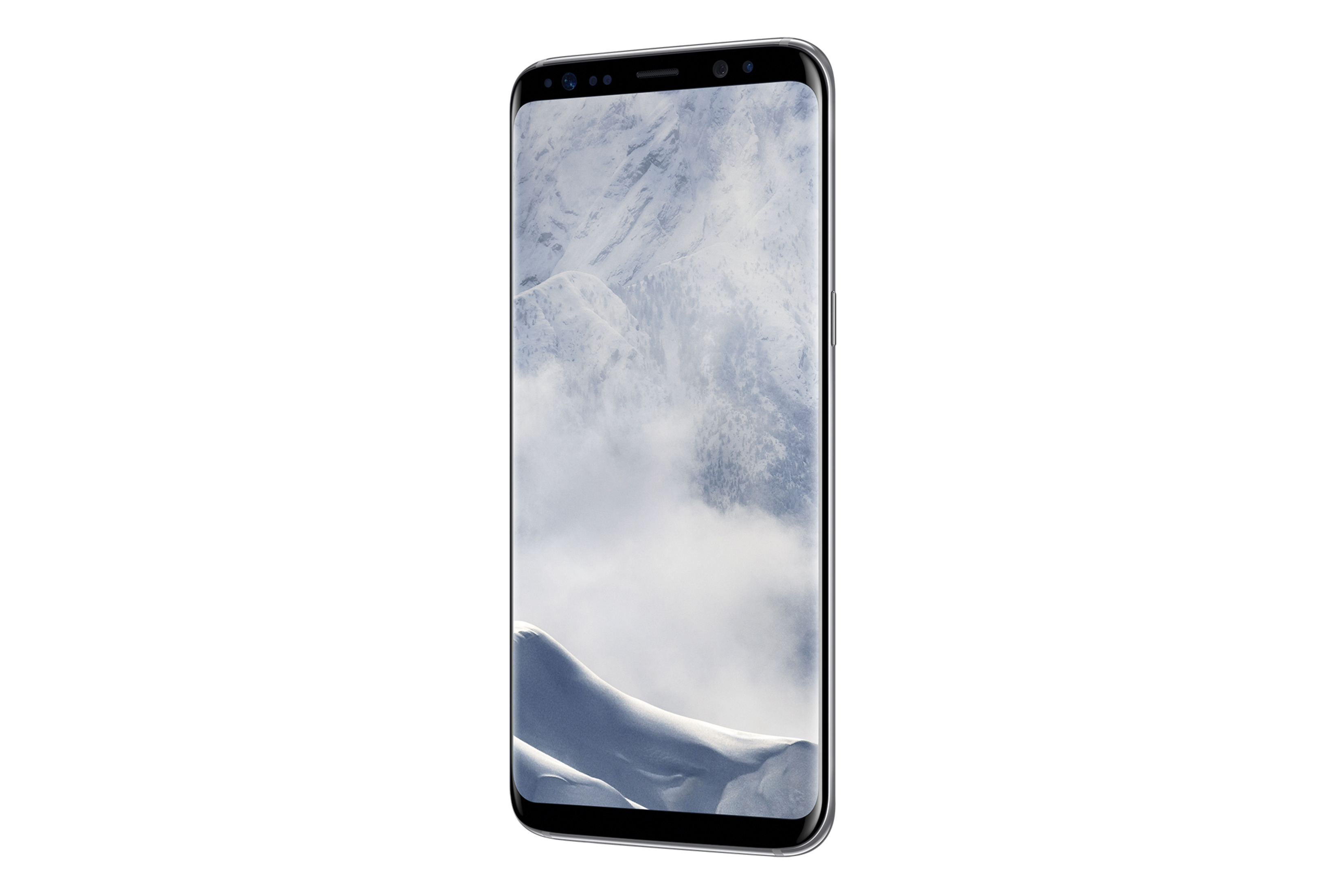 Ein Smartphone zeigt eine schneebedeckte Berglandschaft.