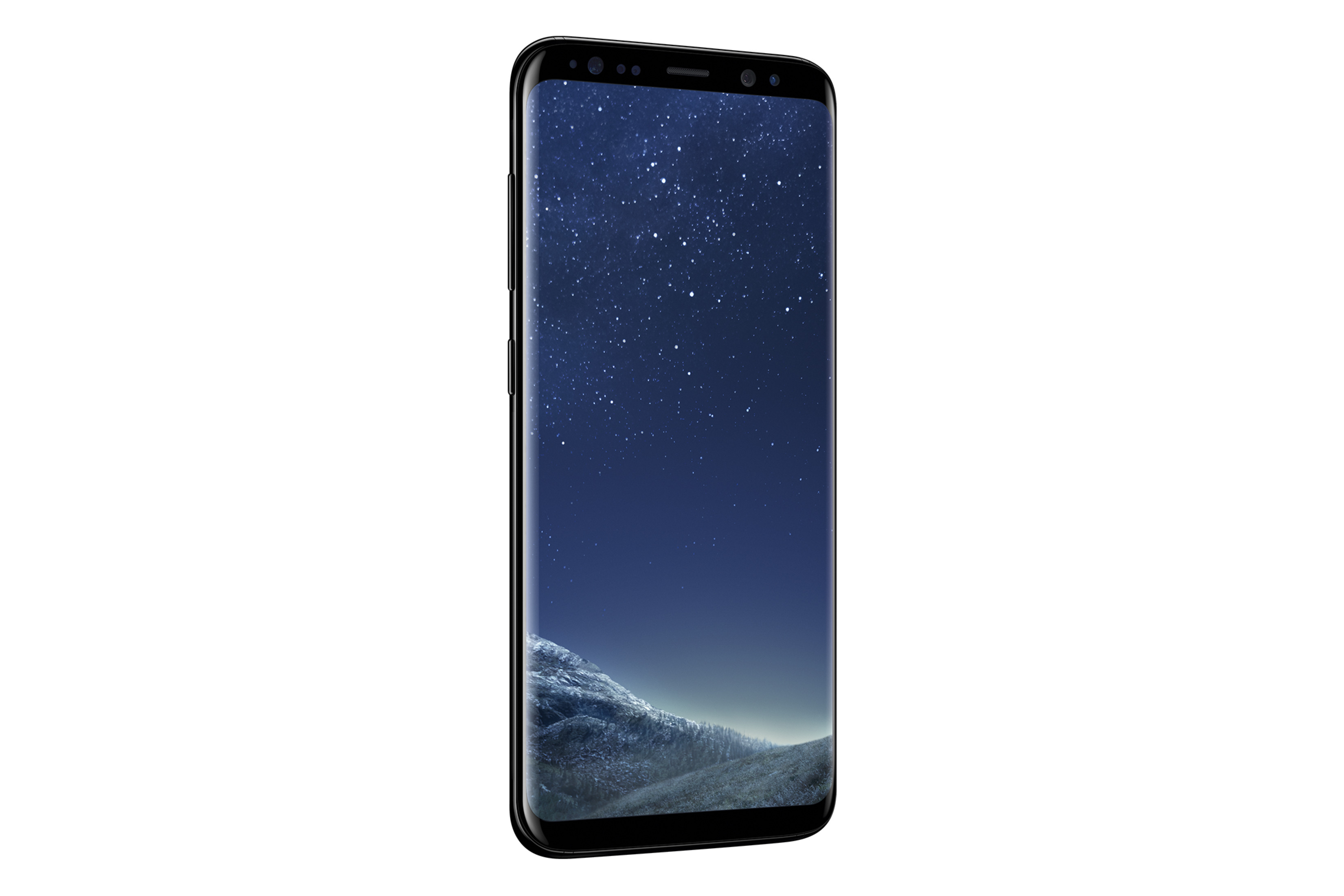 Smartphone mit Nachthimmel-Anzeige. Telefon steht vertikal vor weißem Hintergrund.