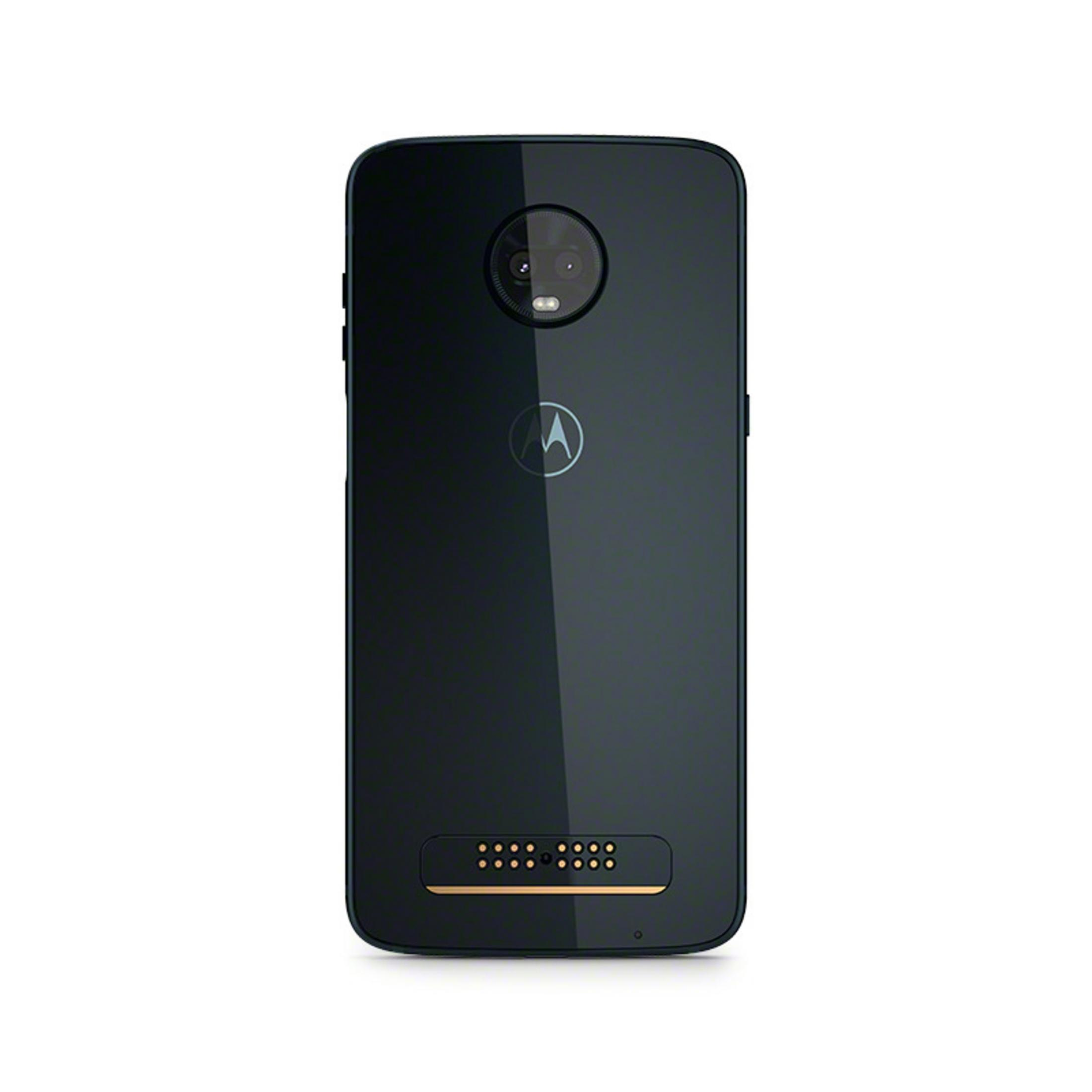 Die Rückseite eines schwarzen Smartphones mit runder Kamera, Logo und goldfarbenem Ladeanschluss.