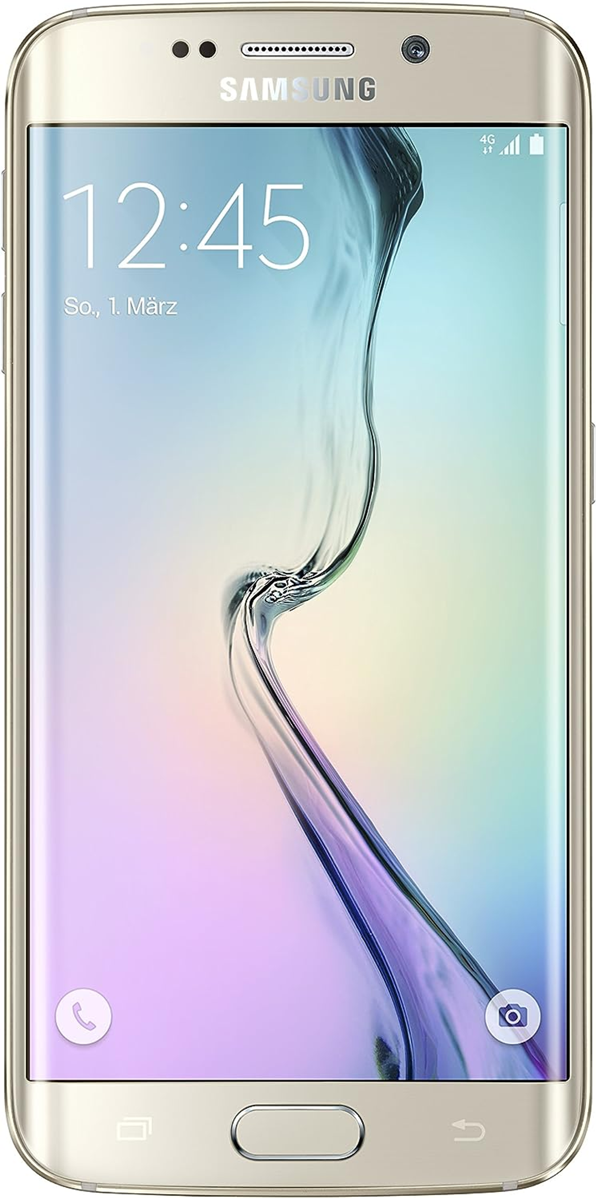 Goldenes Smartphone mit gewölbtem Bildschirm. Die Uhrzeit ist 12:45 Uhr am 1. März.