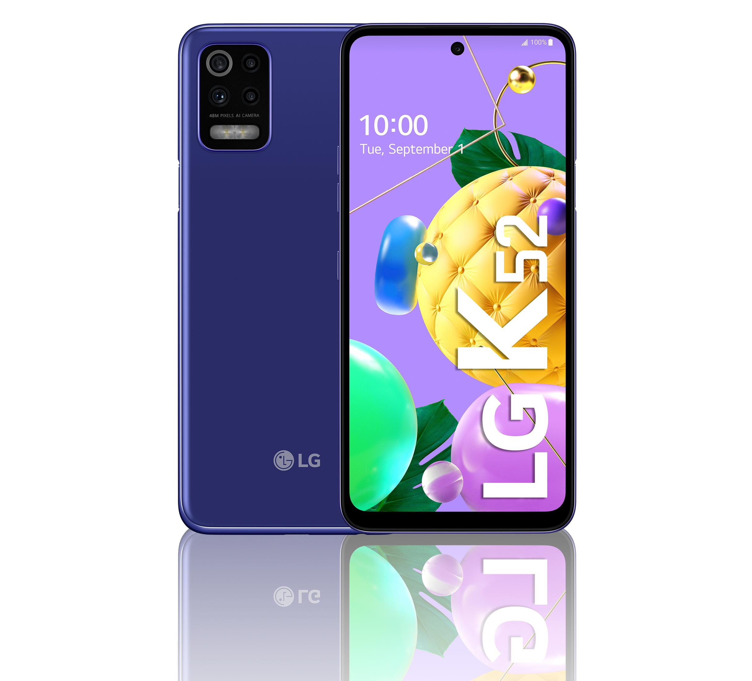Ein blaues LG K52 Smartphone, das die Rück- und Vorderseite zeigt, mit einer Reflexion.