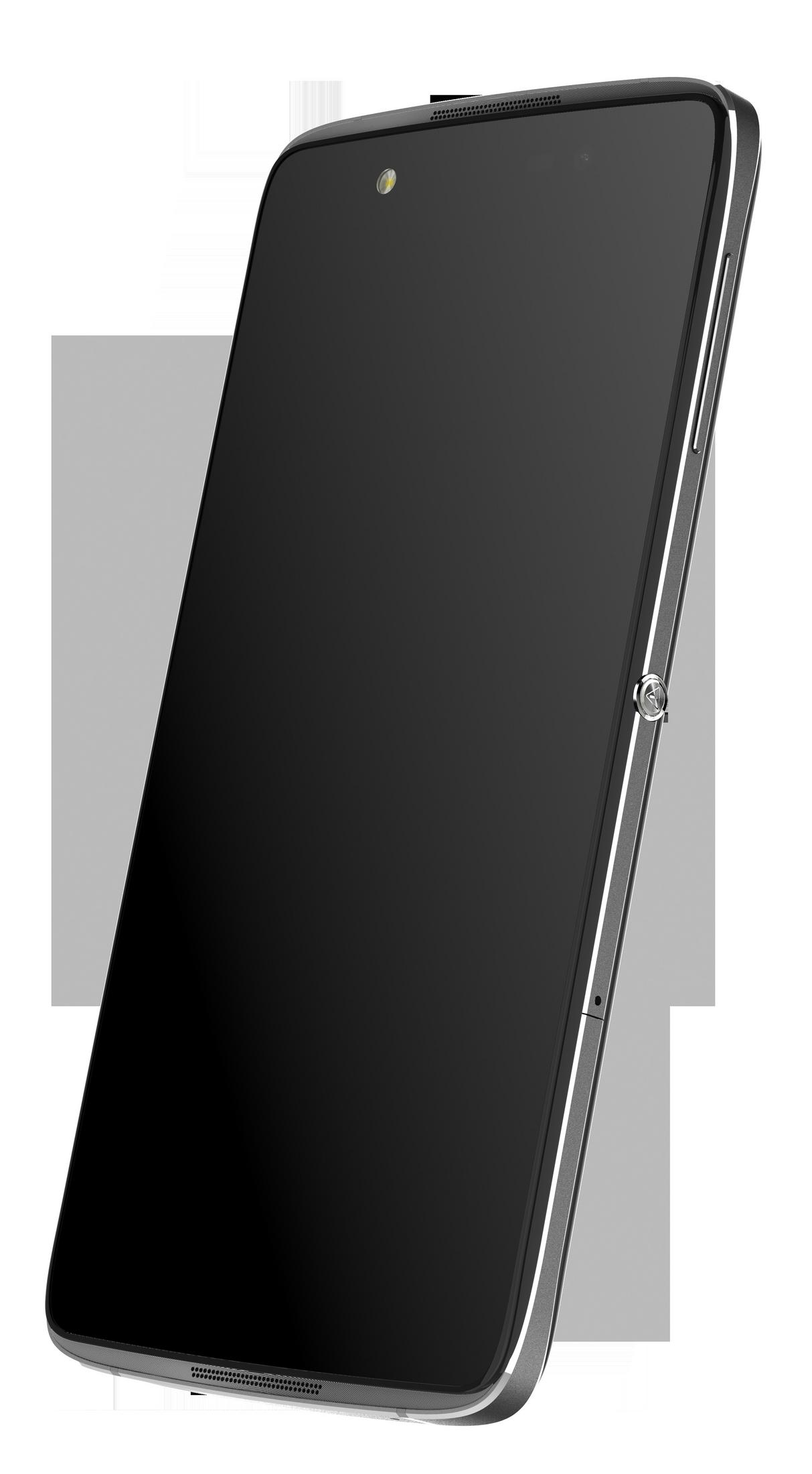 Czarny smartfon ze srebrną ramką, czarnym ekranem i przednim aparatem. Widok pod kątem.