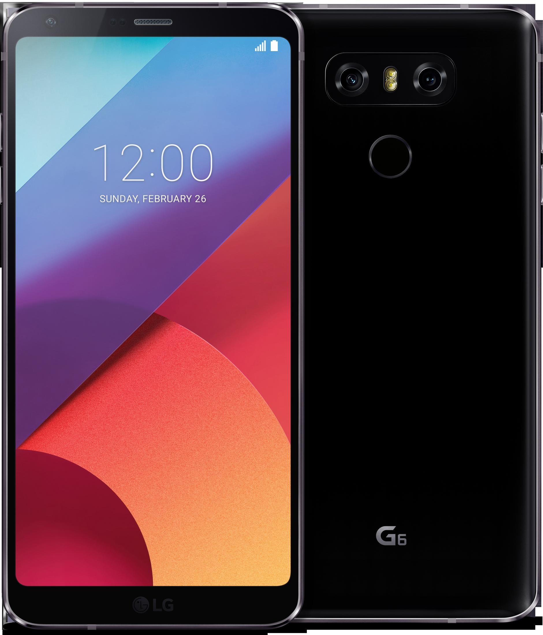 Schwarzes LG G6 Smartphone, Vorderseite mit Anzeige, Rückseite mit Dual-Kameras.