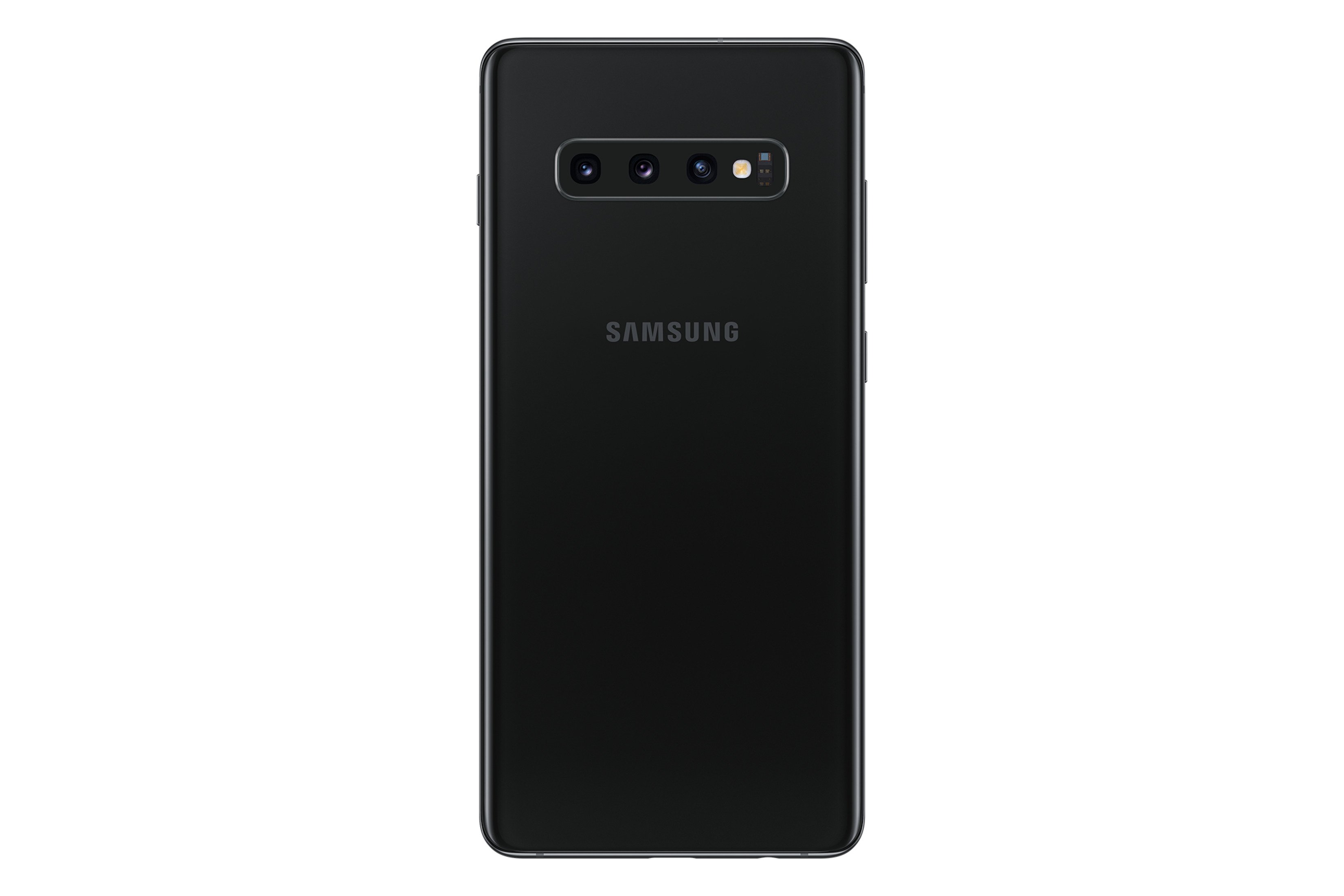 Die Rückseite eines schwarzen Samsung-Telefons mit drei Kameras und dem Samsung-Logo.