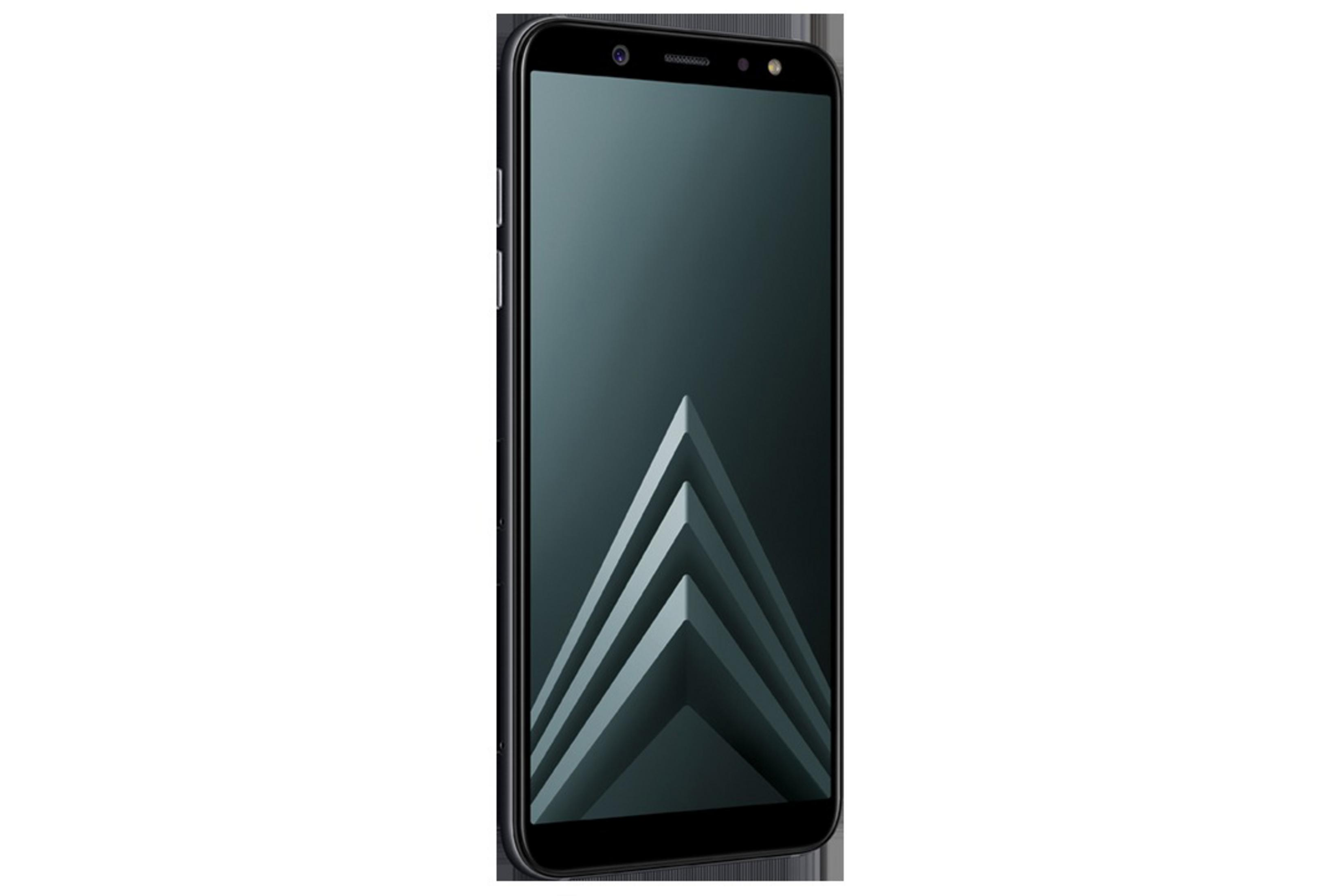 Schwarzes Smartphone mit dunklem Bildschirm und weißem geometrischen Muster.