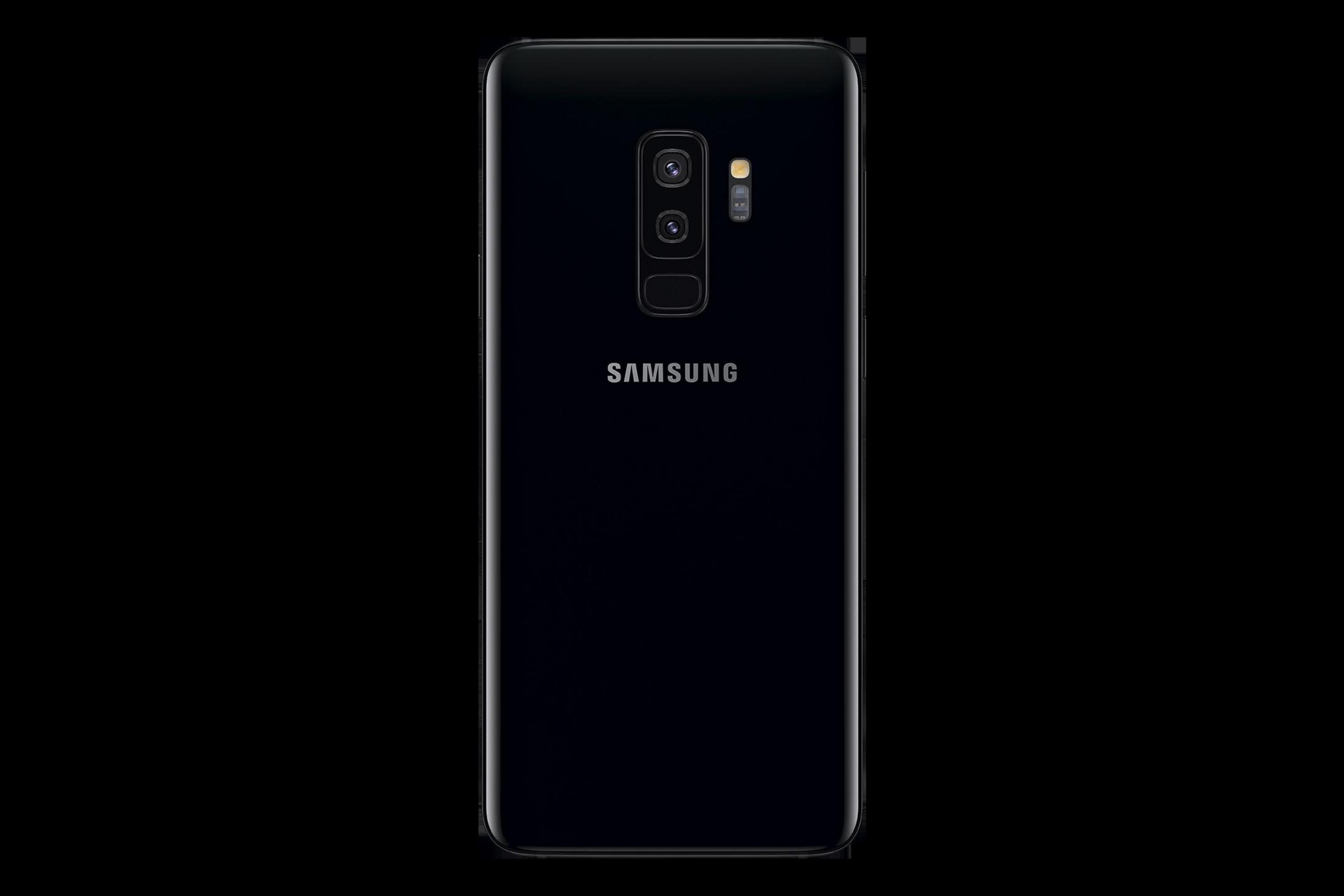 Die Rückseite eines schwarzen Samsung S9+ Telefons mit Samsung-Logo und Kameralinsen.