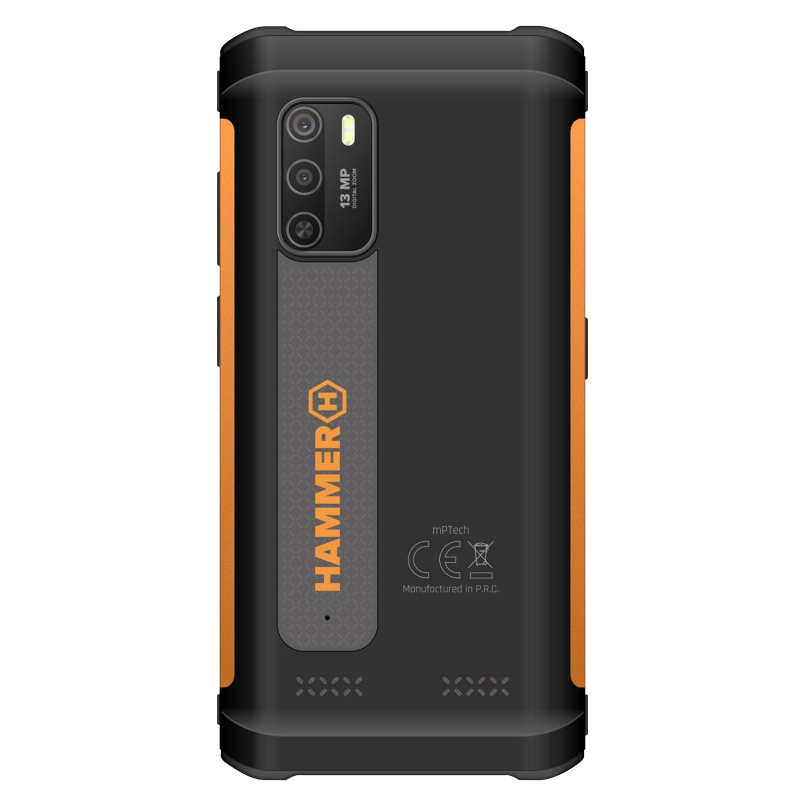 Schwarze und orangefarbene Smartphone-Rückseite. Mit Kamera, Markenlogo und robustem Design.