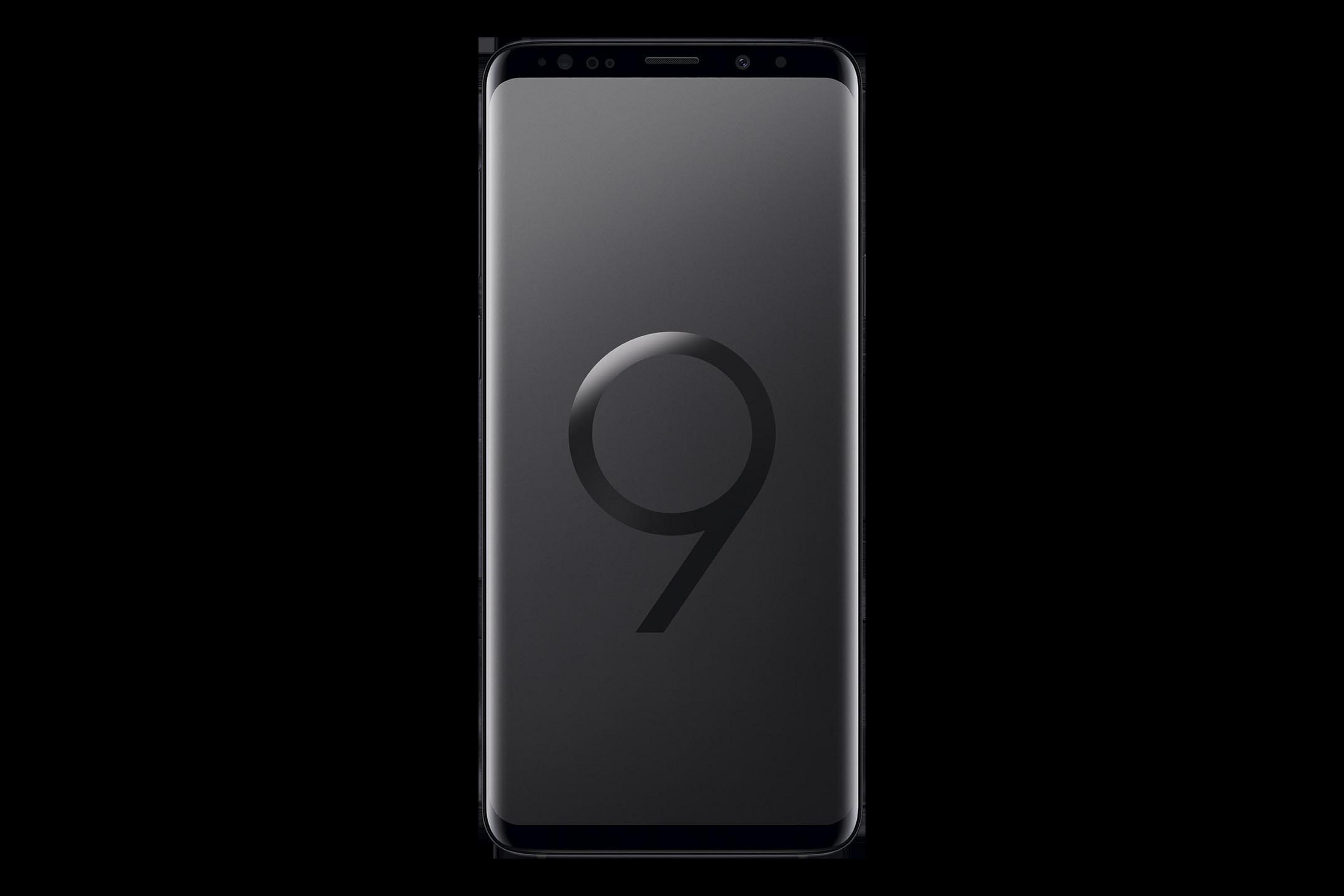 Schwarzes Smartphone, Vorderansicht. Glänzender Bildschirm, stilisierte Zahl 9. Schwarzer Hintergrund.