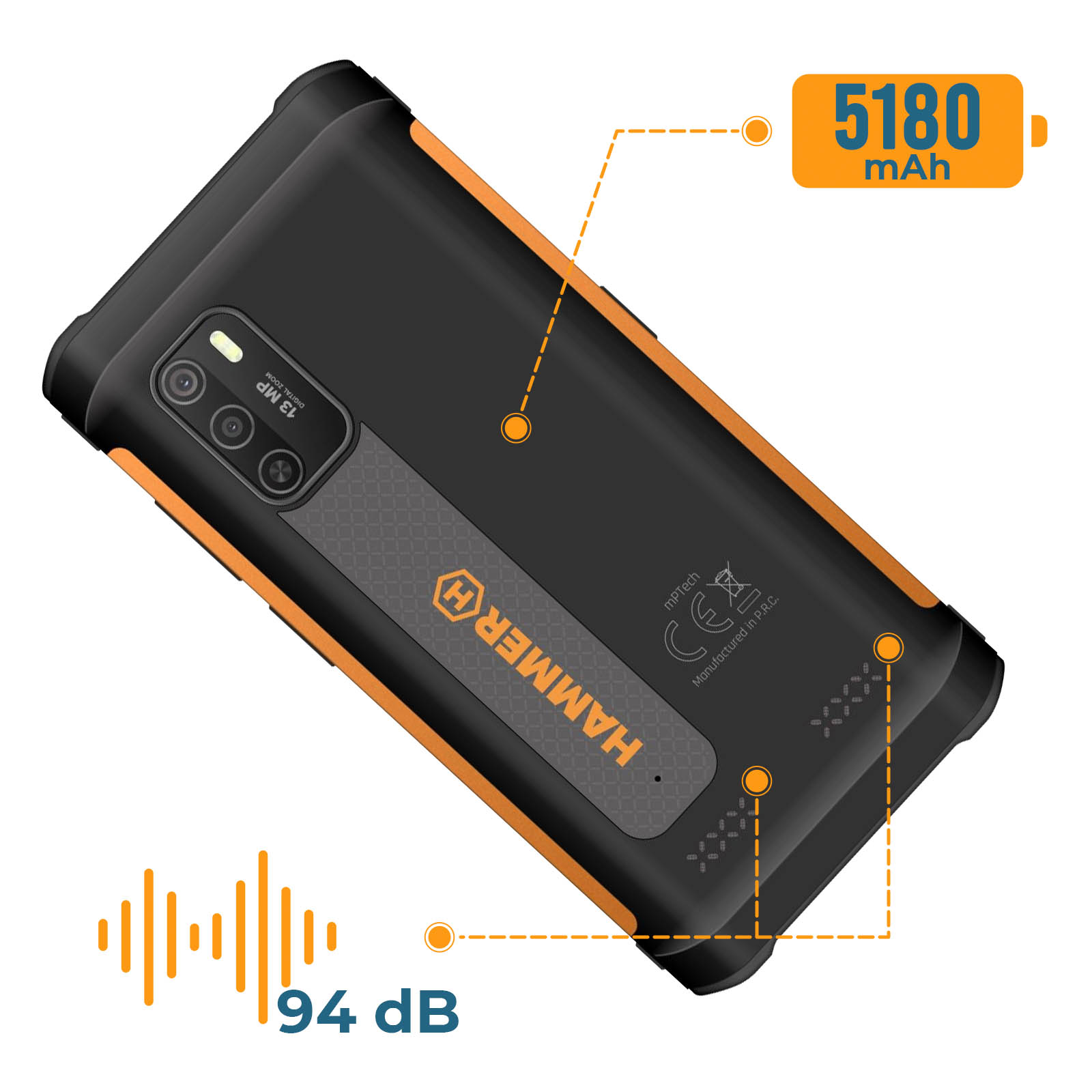 Schwarzes, robustes Telefon mit orangefarbenen Akzenten. Text: HAMMER. Merkmale: 5180 mAh, 13 MP Kamera und 94 dB.