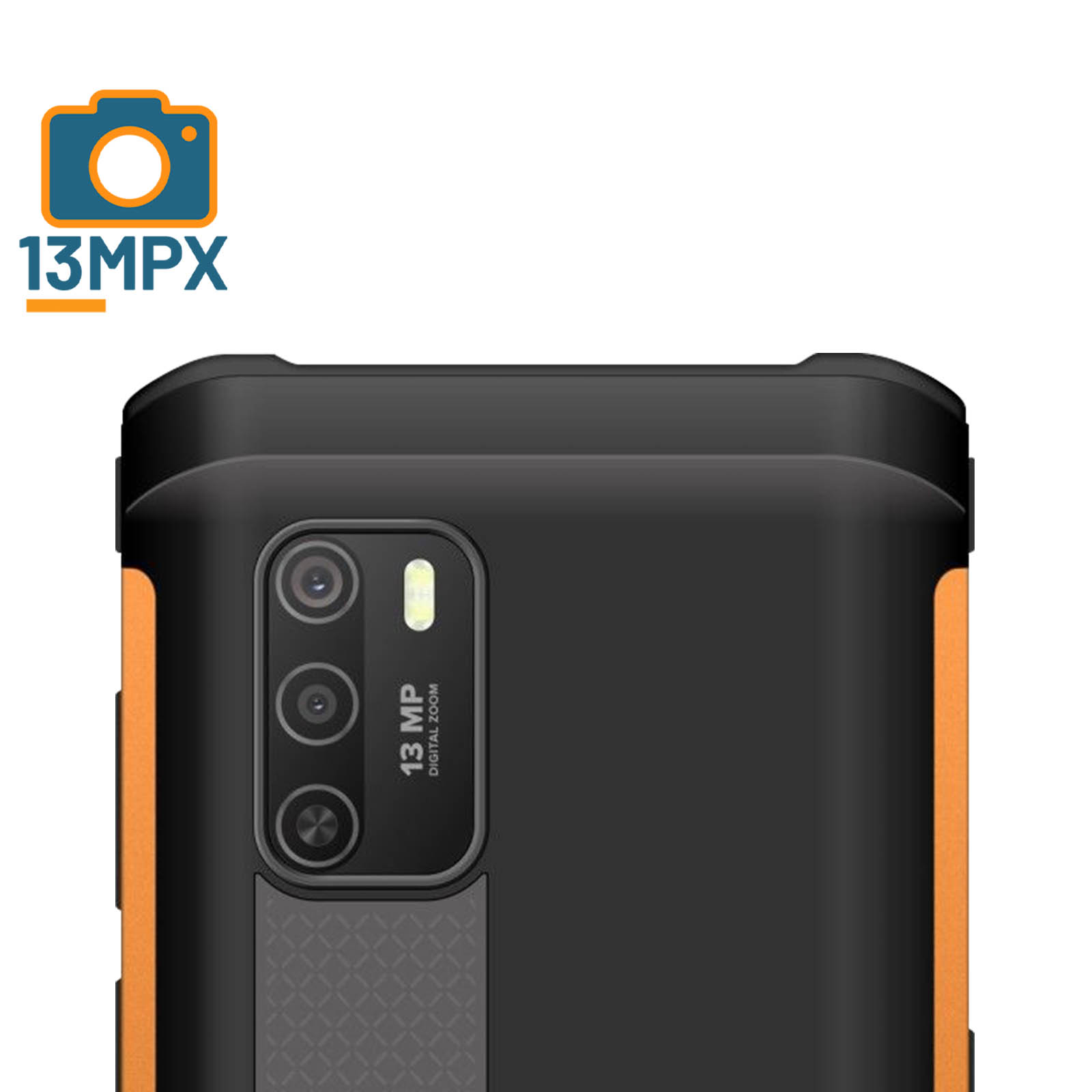 Nahaufnahme eines robusten Smartphones mit Kameramodul und 13MP Text.