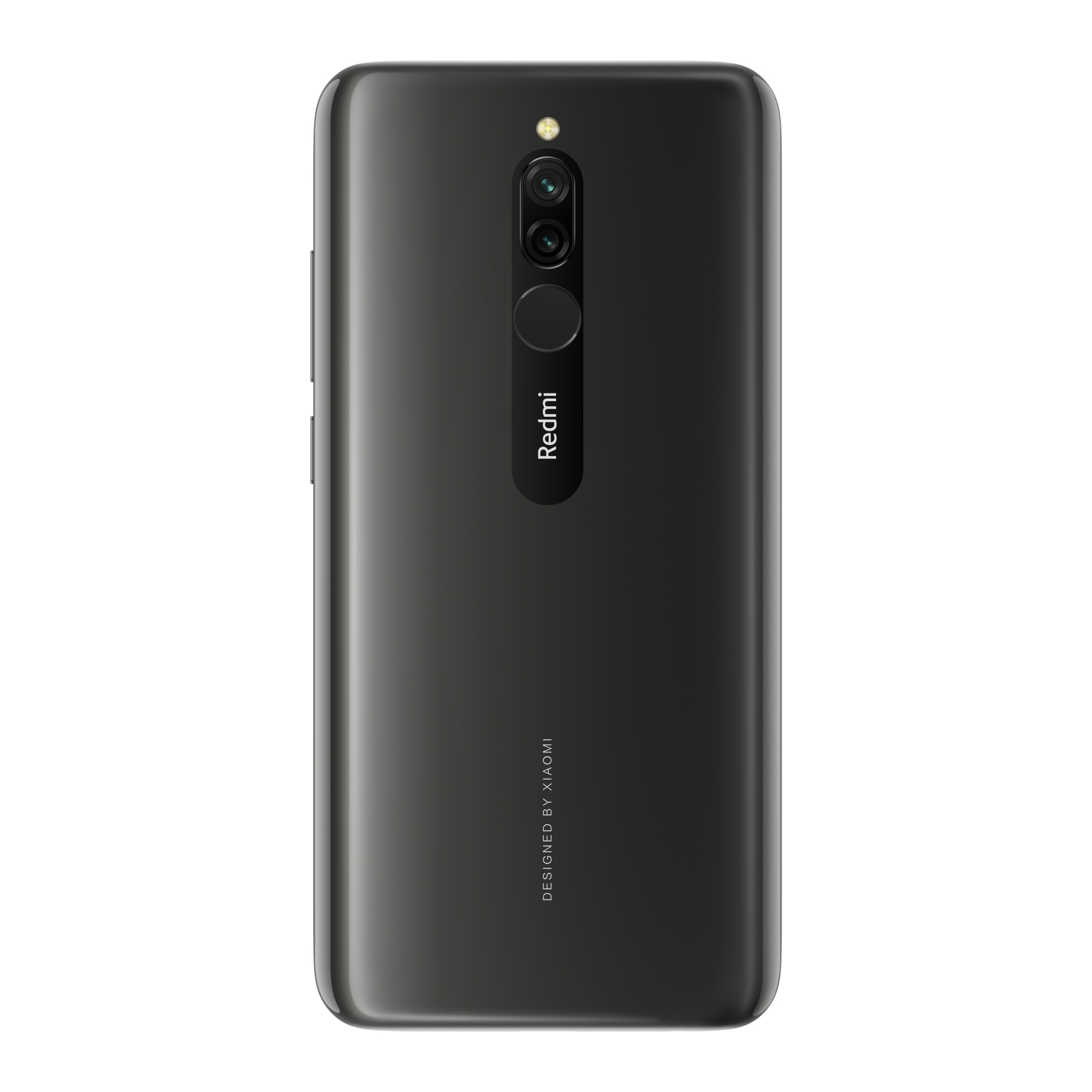 Die Rückseite eines schwarzen Redmi-Telefons. Es hat eine Dual-Kamera und einen Fingerabdrucksensor. Redmi und Xiaomi Logos.