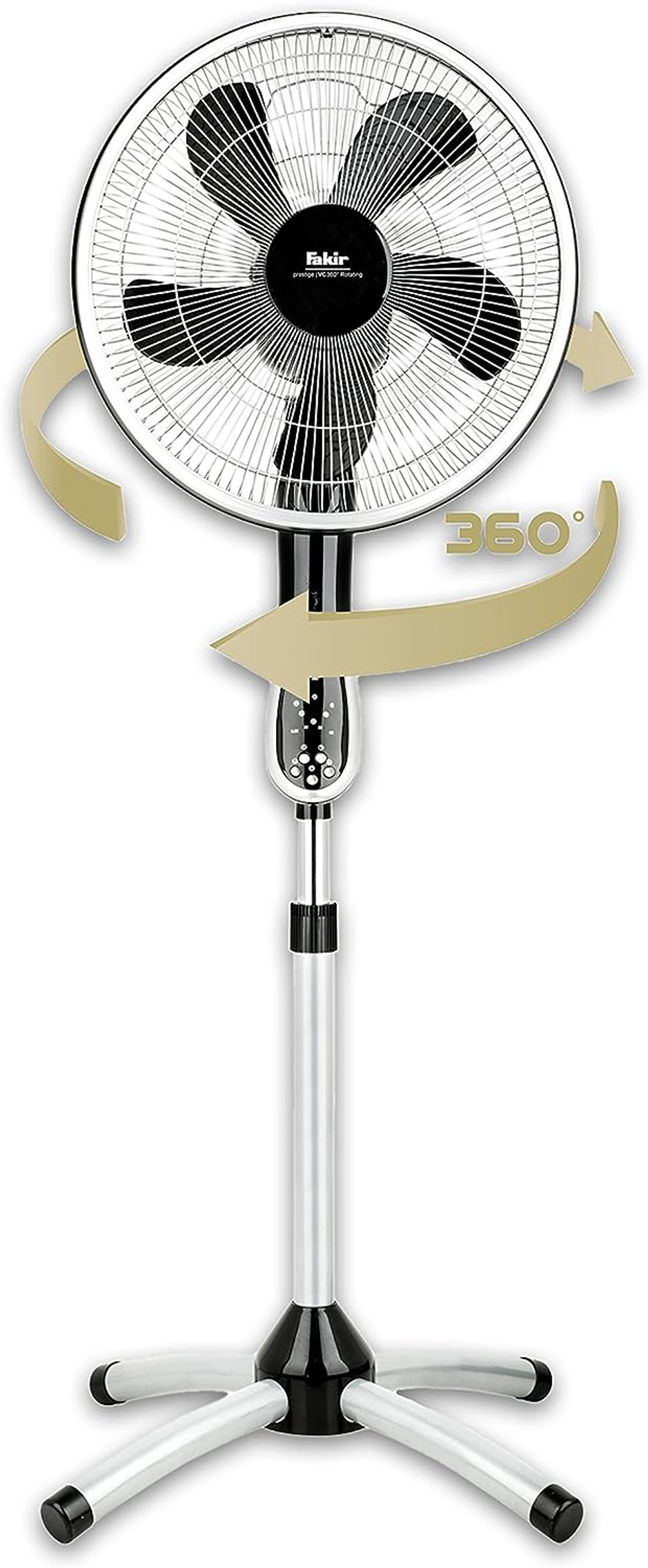 Silberner und schwarzer Standventilator mit rotierenden Flügeln, Pfeile zeigen 360° Drehung.