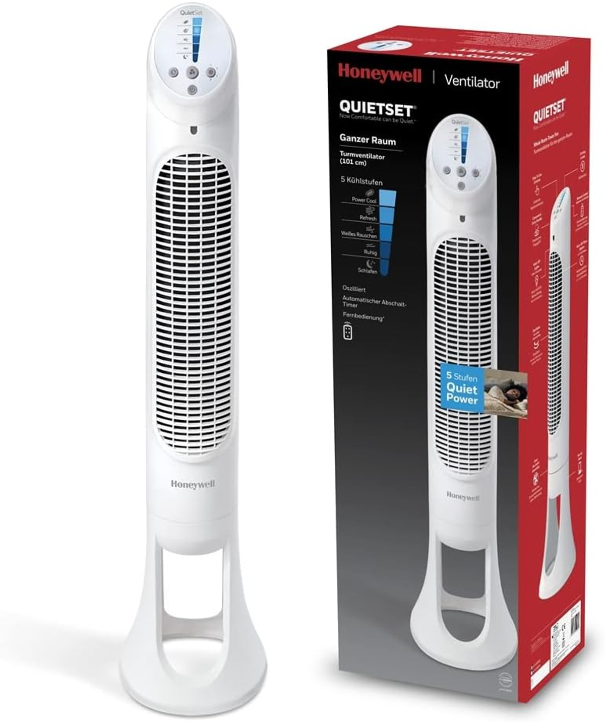 Weißer Honeywell Turmventilator und seine Box. Der Ventilator hat ein Bedienfeld. Die Box zeigt den Ventilator und seine Funktionen.