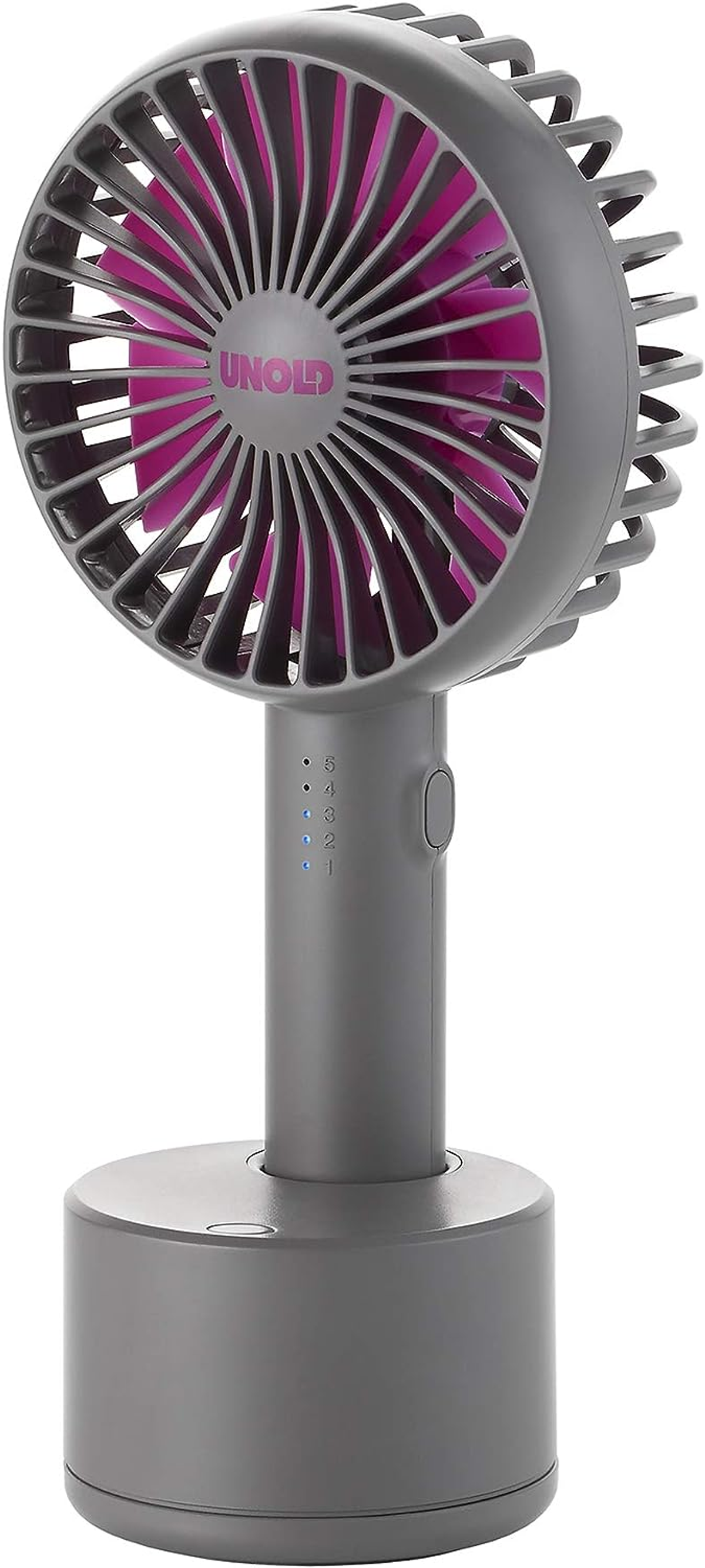 Grauer tragbarer Ventilator. Er hat ein rosa Lüfterrad. Der Lüfter steht auf einem Sockel.