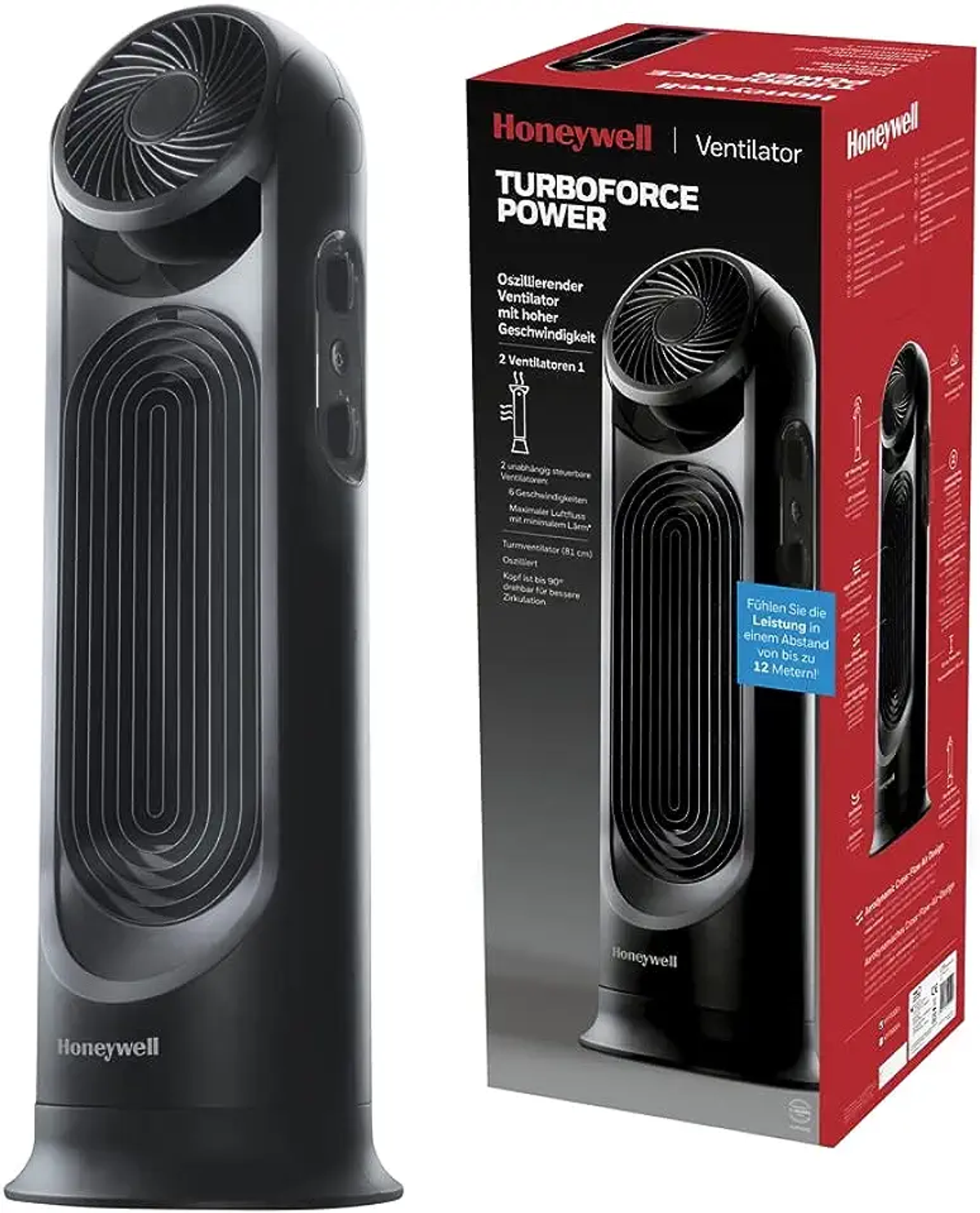 Czarny wentylator Honeywell TurboForce z pudełkiem. Widoki z boku i z przodu, pokazujące design.