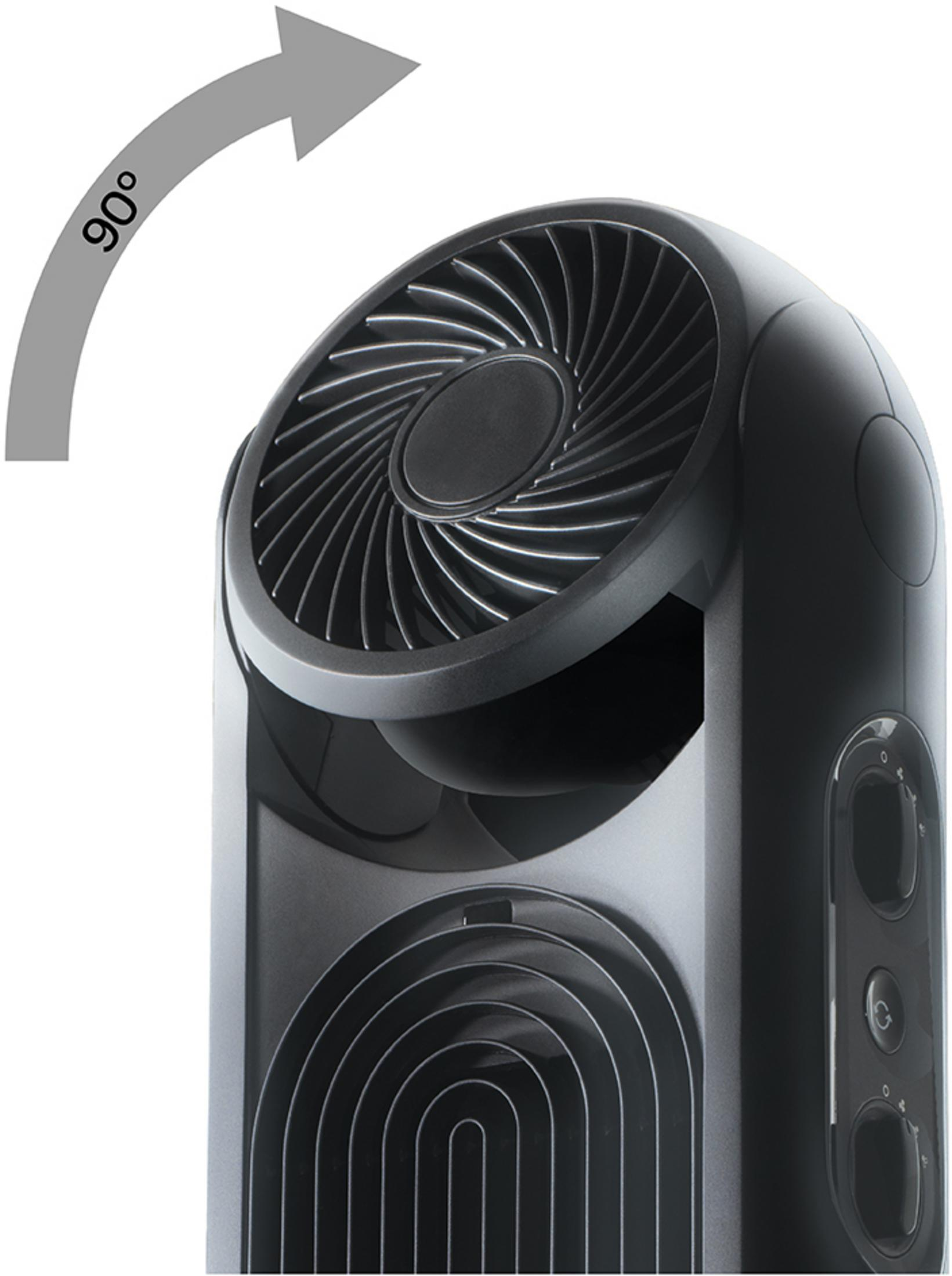 Czarny wentylator z obracanym o 90 stopni wierzchem. Szara strzałka. Białe tło.