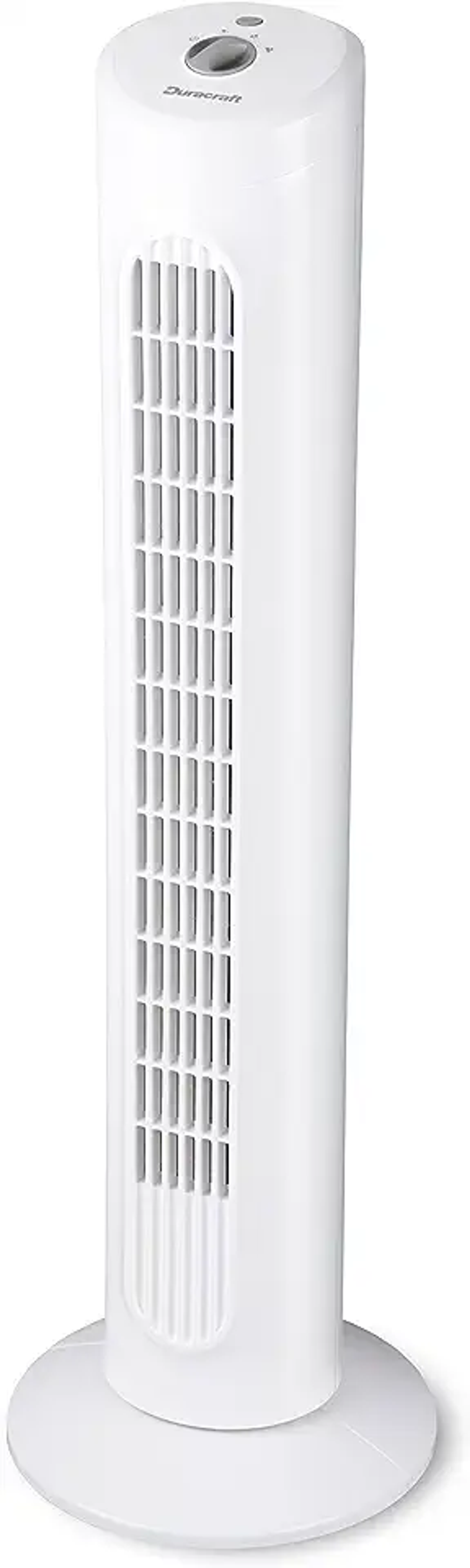 Un ventilatore a torre bianco con un pannello di controllo nero in cima e una base rotonda, sfondo bianco.