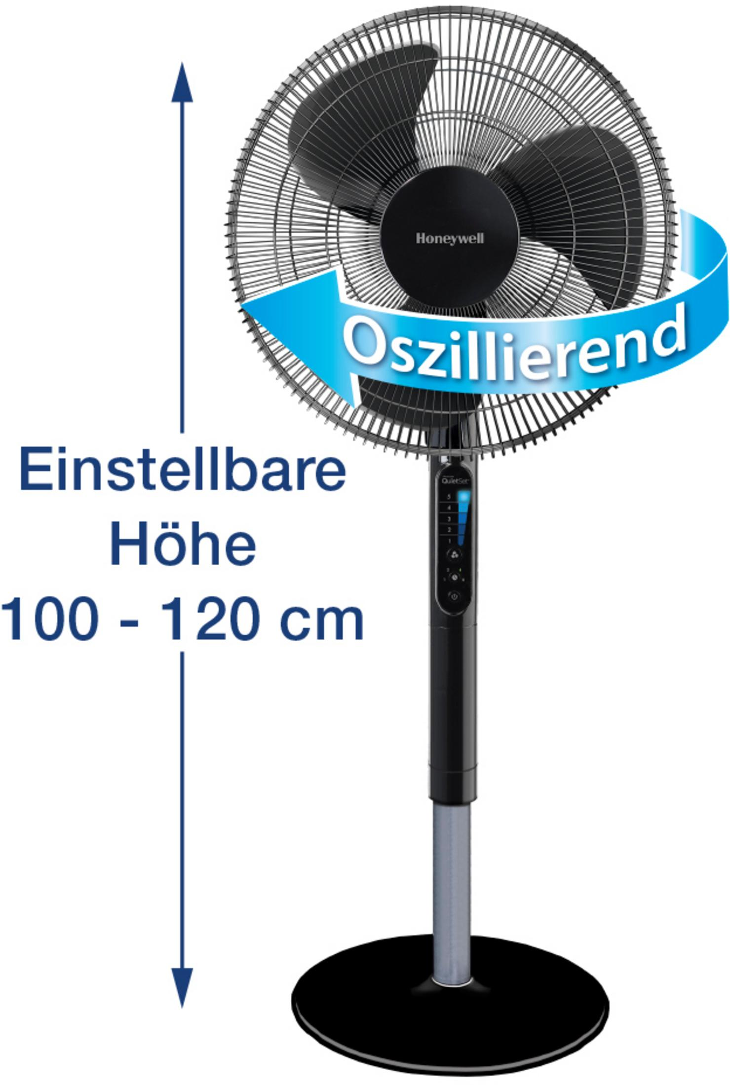 Czarny wentylator oscylacyjny, regulowana wysokość 100-120cm. Marka Honeywell.