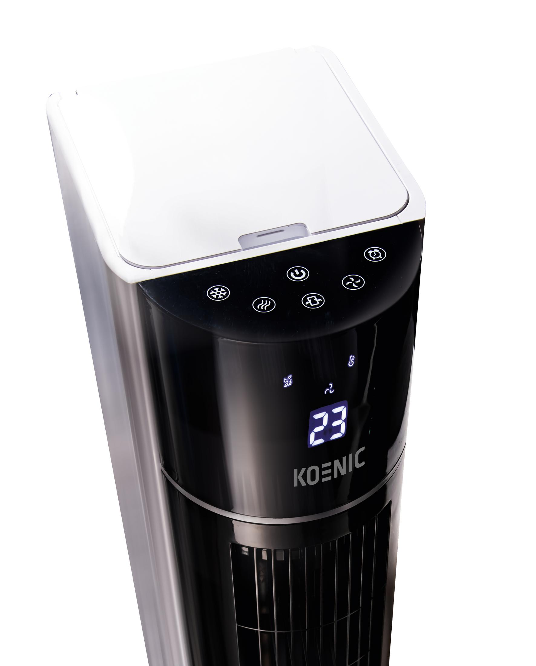 Ein hoher schwarz-weißer Turmventilator mit Digitalanzeige, die die Zahl 23 zeigt.