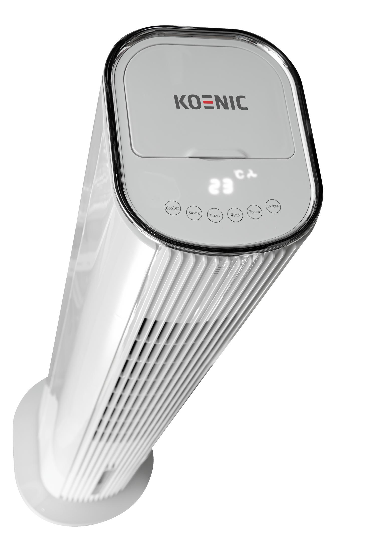Ein weißer Koenic-Turmventilator mit digitaler Anzeige, die 29 Grad anzeigt. Weißer Hintergrund.