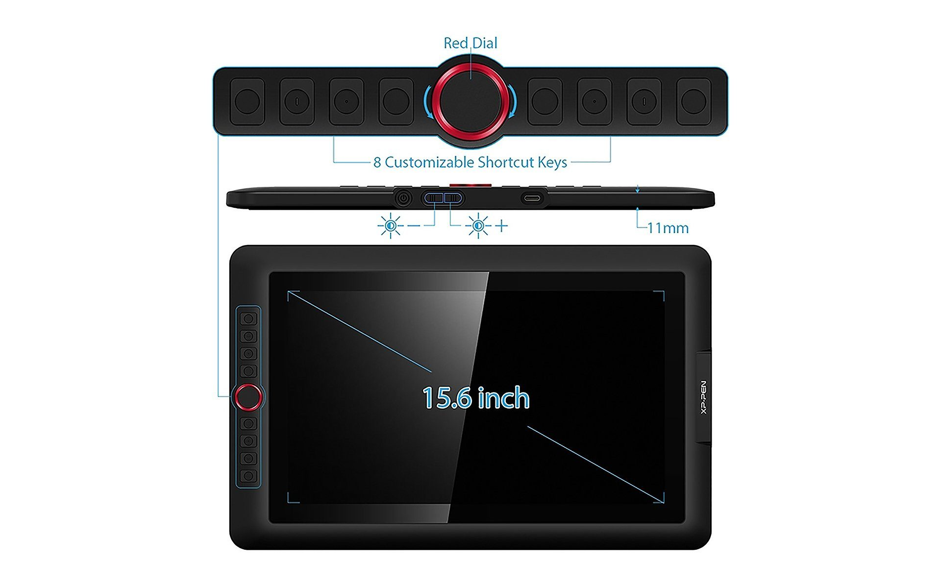 Ein schwarzes XP-Pen-Tablet mit Bildschirm und Tasten. Es hat einen roten Drehregler und zeigt Maße.