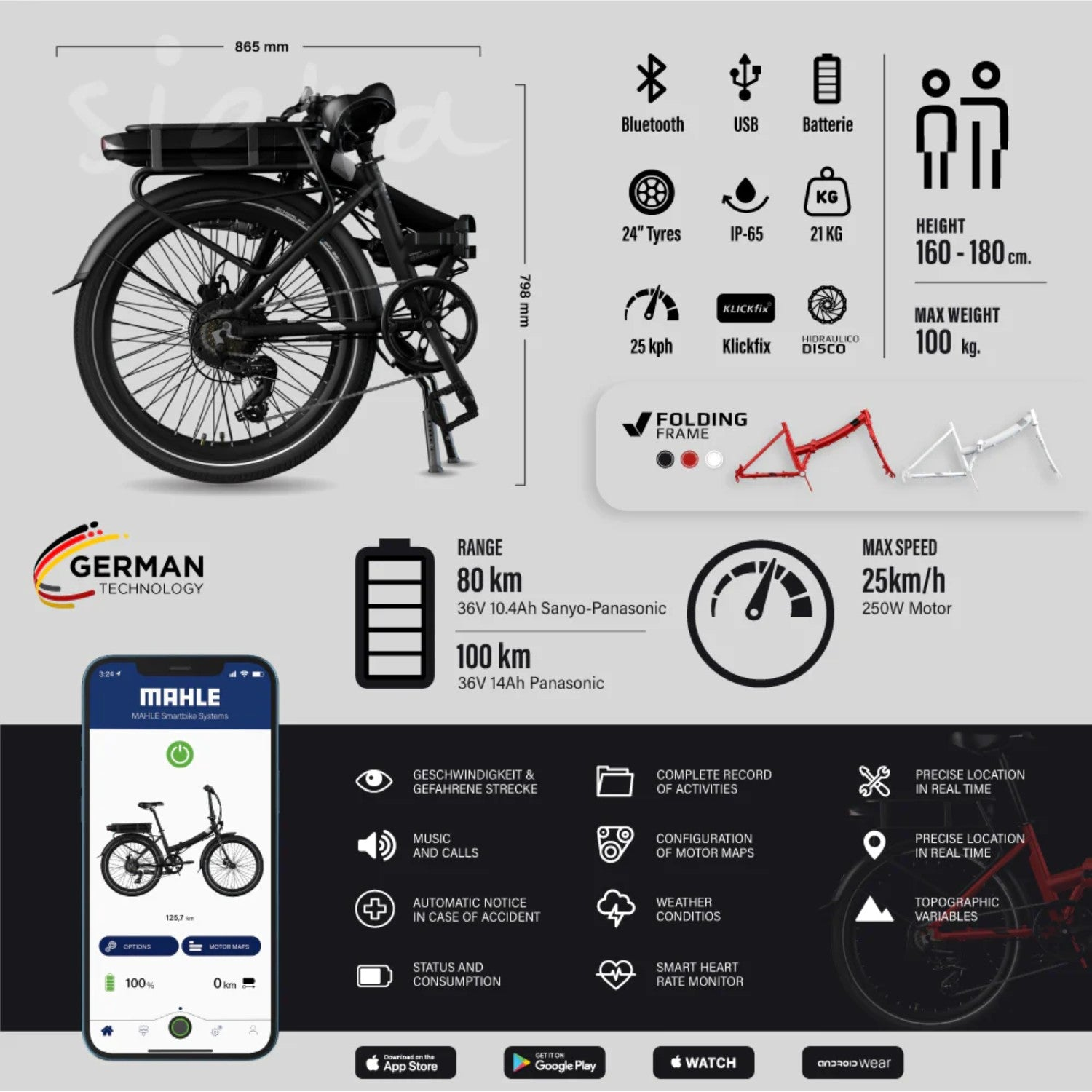 Schwarzes faltbares E-Bike mit Infografiken: Reichweite, Geschwindigkeit und Funktionen. Weißer Hintergrund.