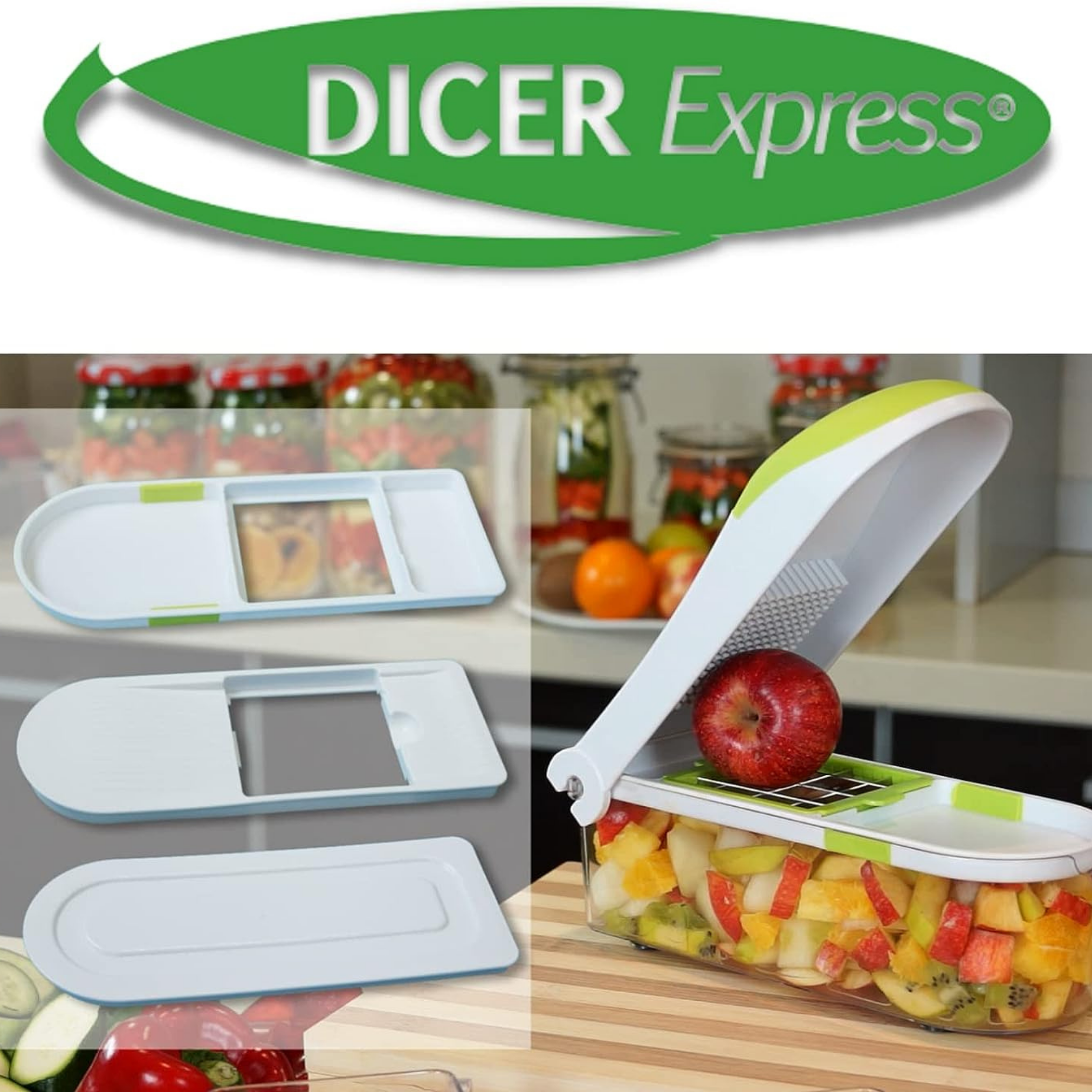 Dicer Express mit geschnittenem Gemüse und Obst, Zubehör und Logo.