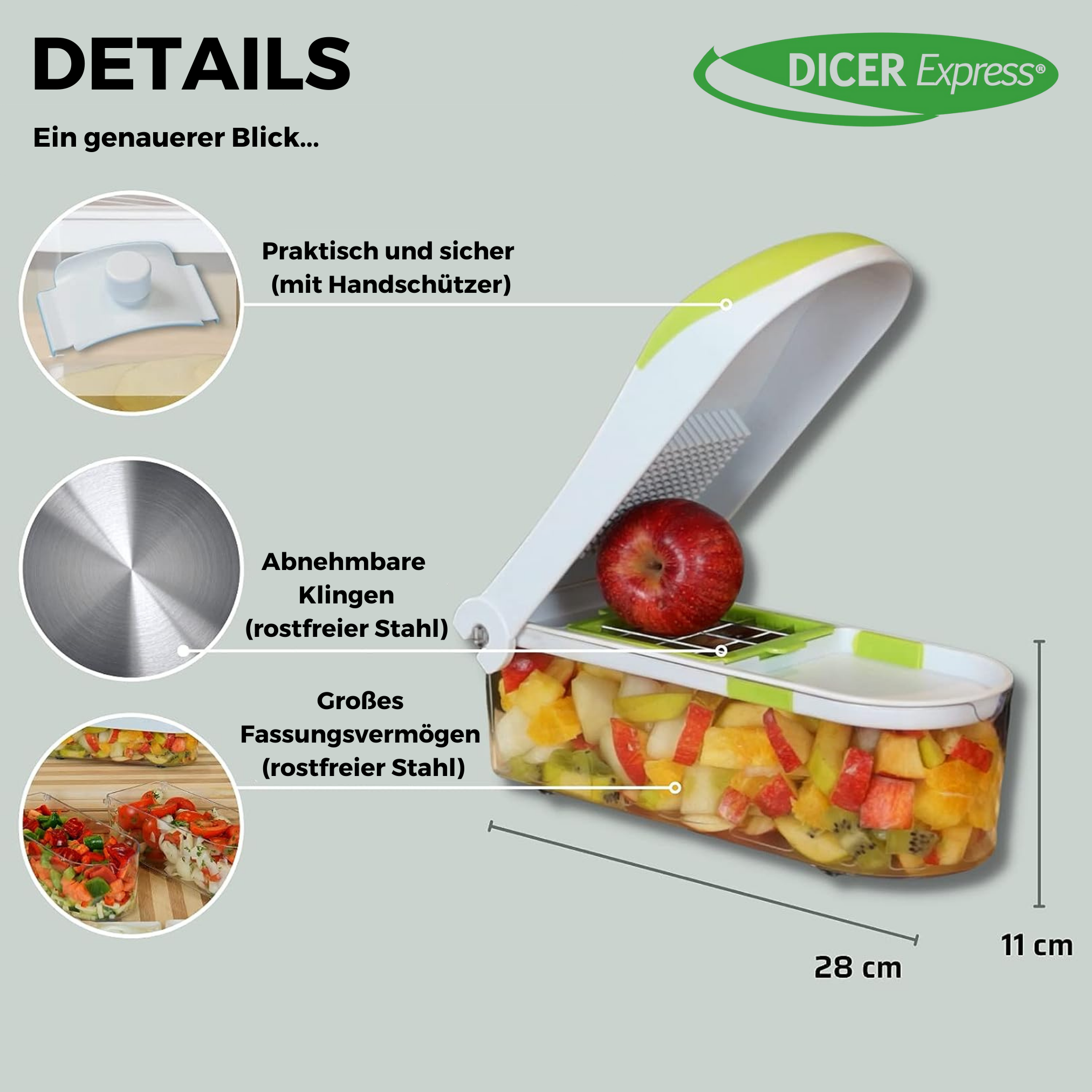 Ein Würfelschneider mit einem roten Apfel und gehackten Früchten. Der Schneider ist weiß und grün. Es liegt auf einer weißen Oberfläche.
