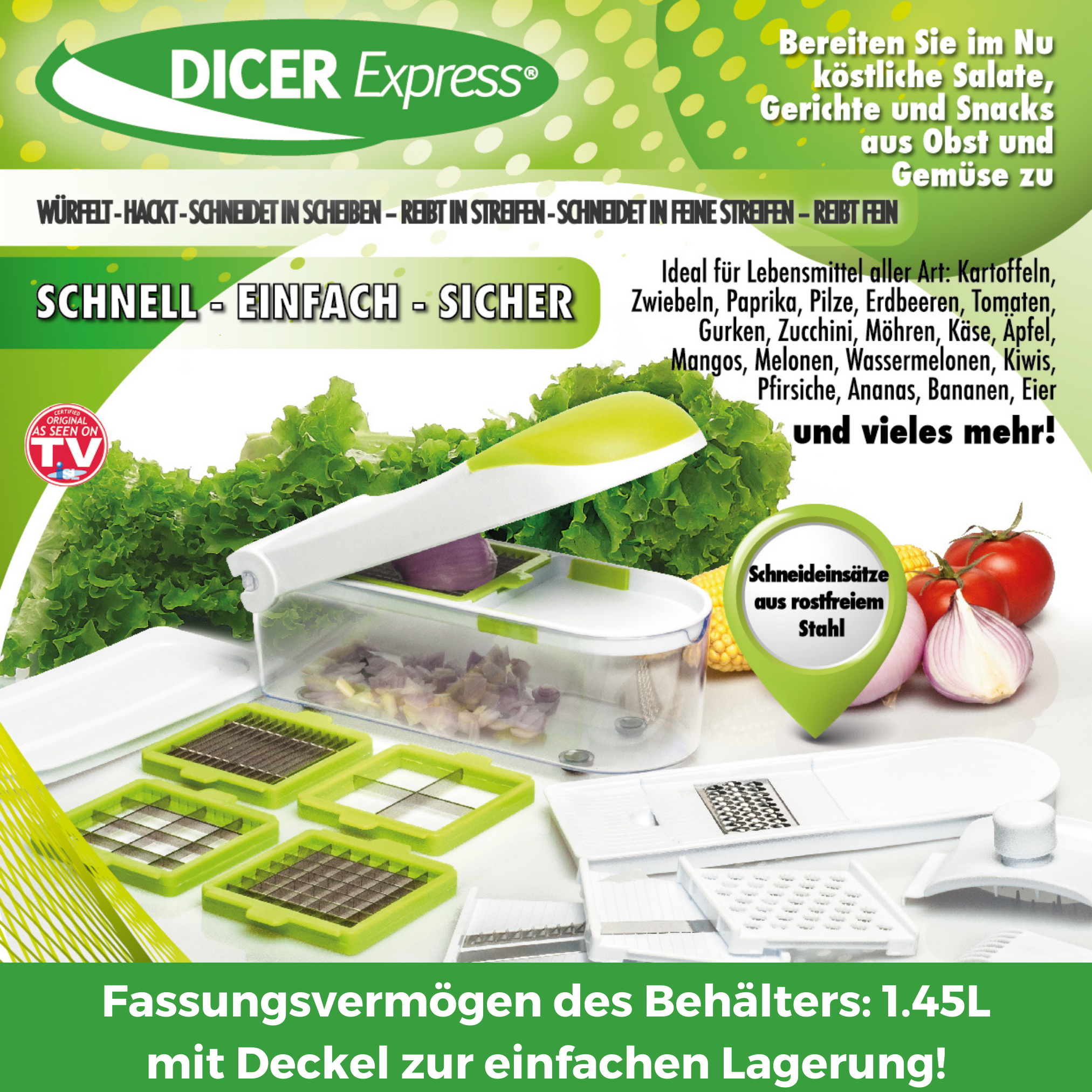 Ein Food Processor hat ein grünes und weißes Design. Text sagt: WÜRFL-HACKT-SCHNEIDET IN SCHEIBEN.