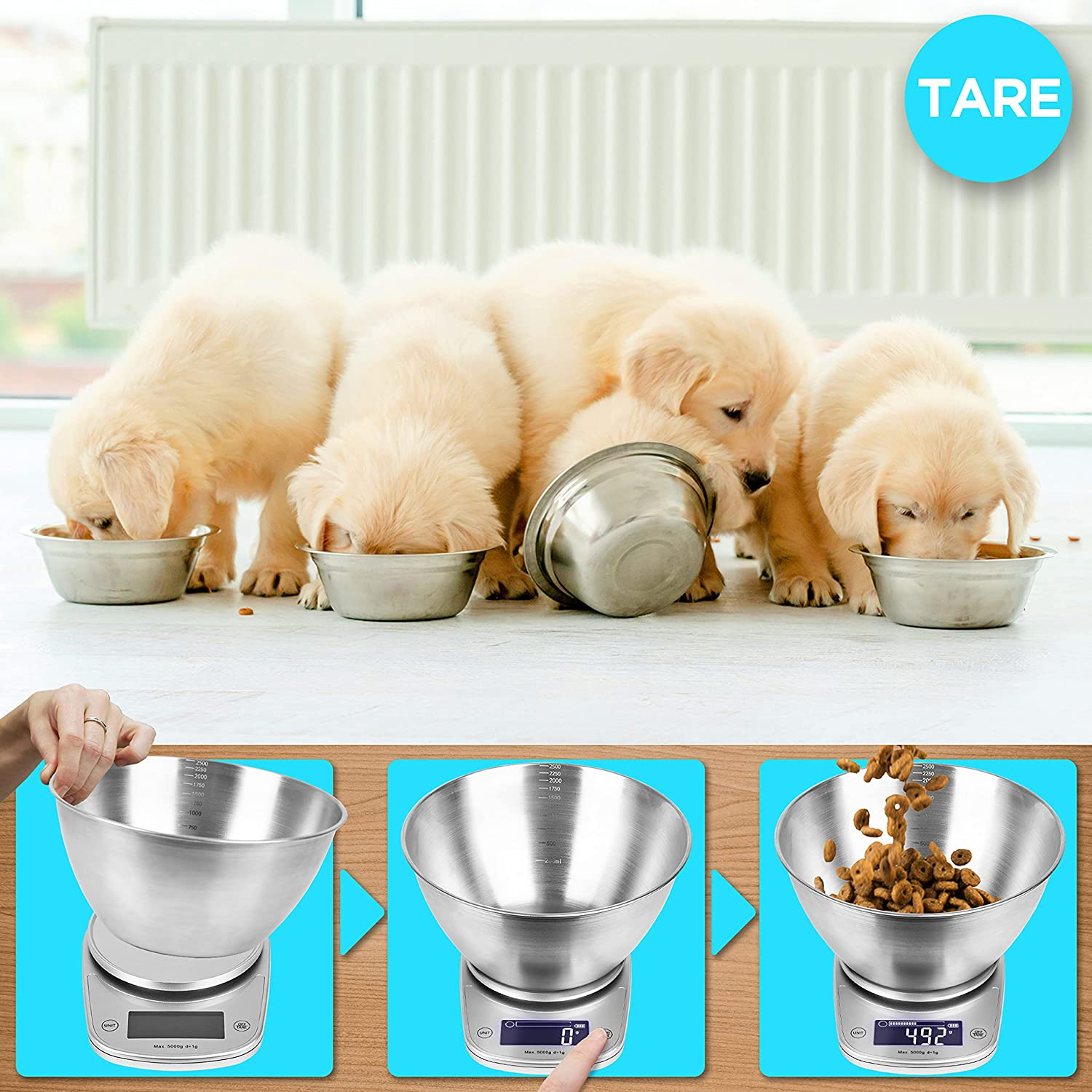 Welpen essen aus Schüsseln, und eine Waage mit Futter, das in eine Schüssel gefüllt wird.